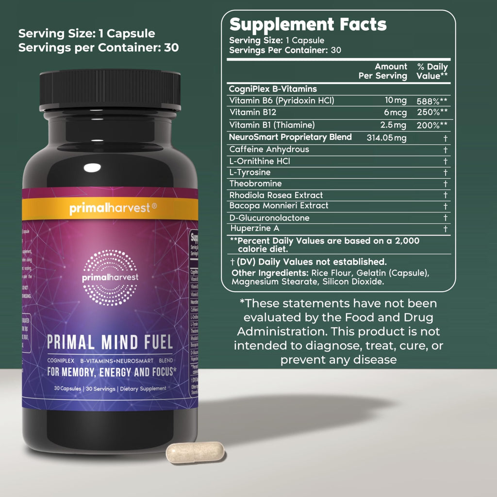Brain Supplement by Primal Harvest, Primal Mind Fuel Brain Booster for Focus, Energy, Clarity, and Brain Health 30 Capsules Nootropics Brain Support Supplement for Men and Women - TrustMedUSA