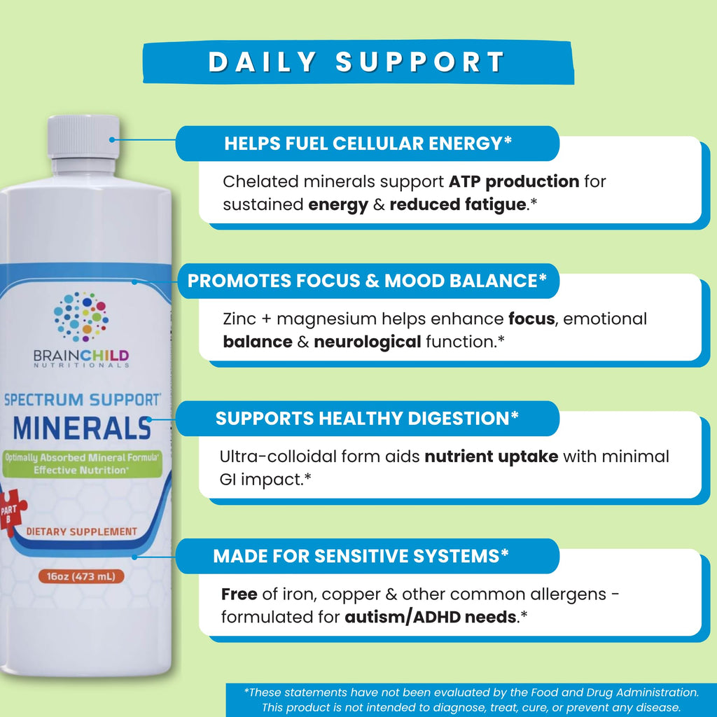 BrainChild Nutritionals Spectrum Support Minerals Liquid Supplement for Autism - Well Absorbed for Kids & Adults on the Spectrum, Ultra-Colloidal Suspension, Casein-Free, Unflavored 16oz - TrustMedUSA