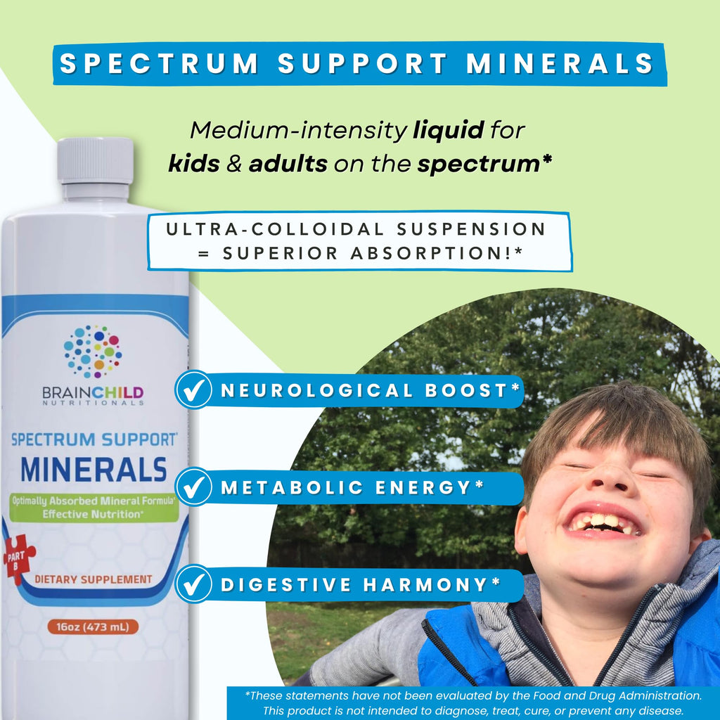 BrainChild Nutritionals Spectrum Support Minerals Liquid Supplement for Autism - Well Absorbed for Kids & Adults on the Spectrum, Ultra-Colloidal Suspension, Casein-Free, Unflavored 16oz - TrustMedUSA