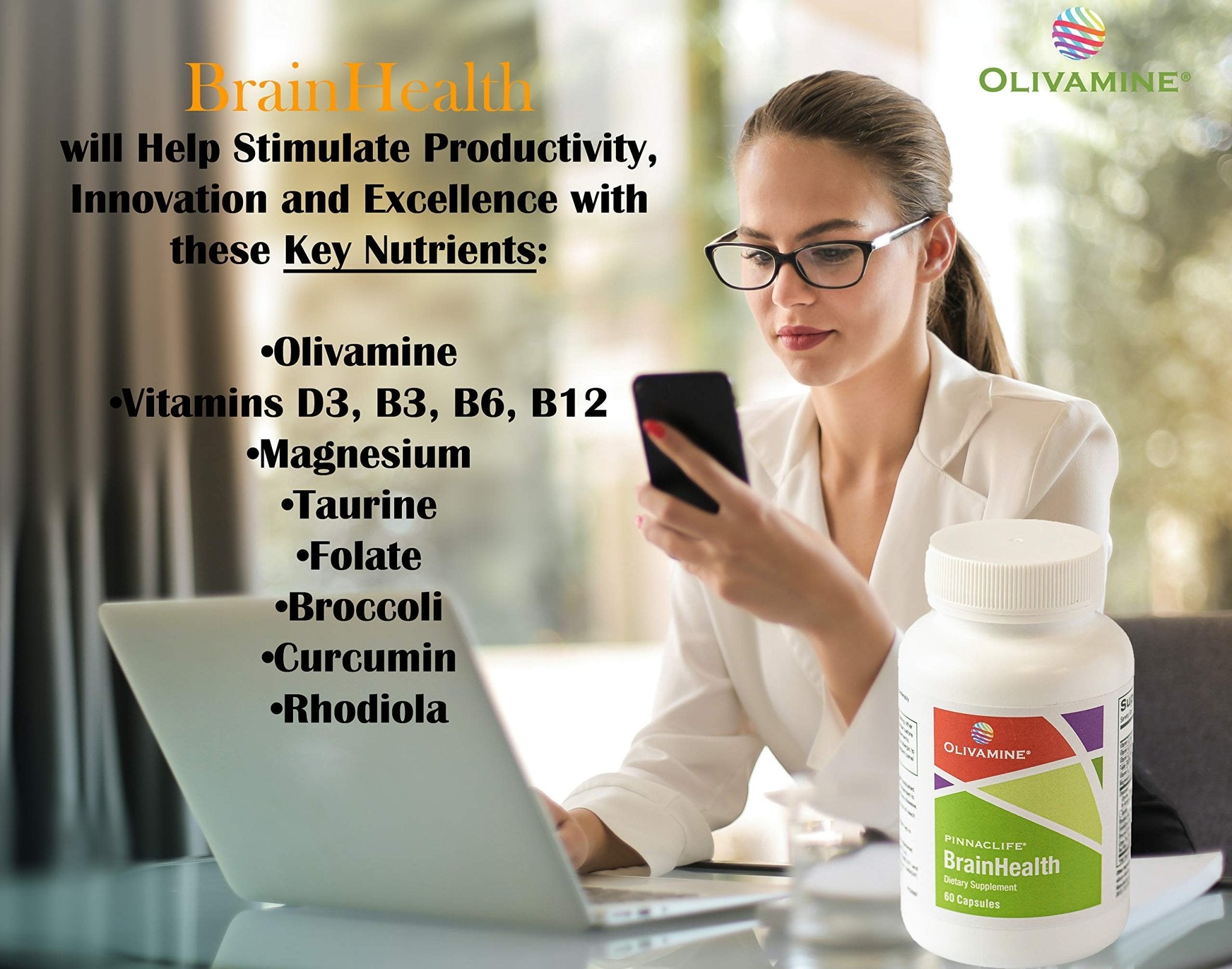 BrainHealth Brain Supplement - Amplify Memory, Increase Focus, Enhance Clarity & Gain Productivity For Men & Women, Olivamine, Vitamin D, Vitamin B6 & B12, Rhodiola Rosea, Magnesium, Taurine - TrustMedUSA