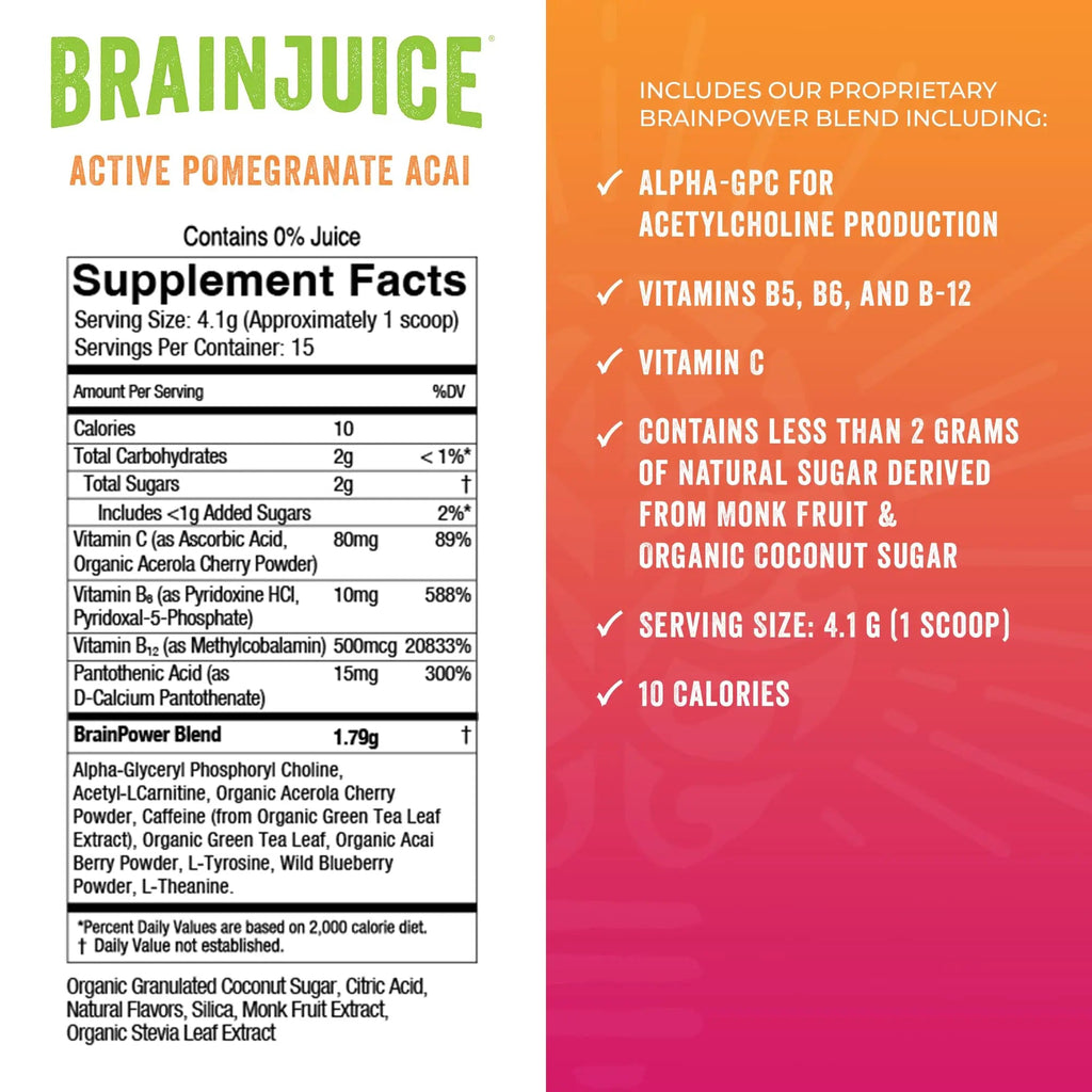 BrainJuice Nootropics Brain Support Supplement, Gluten Free Powder for Energy and Focus, Pre Workout w/Alpha GPC, Vitamin B & Organic Green Tea Extract Caffeine, Active Pomegranate Acai, 15 Servings - TrustMedUSA