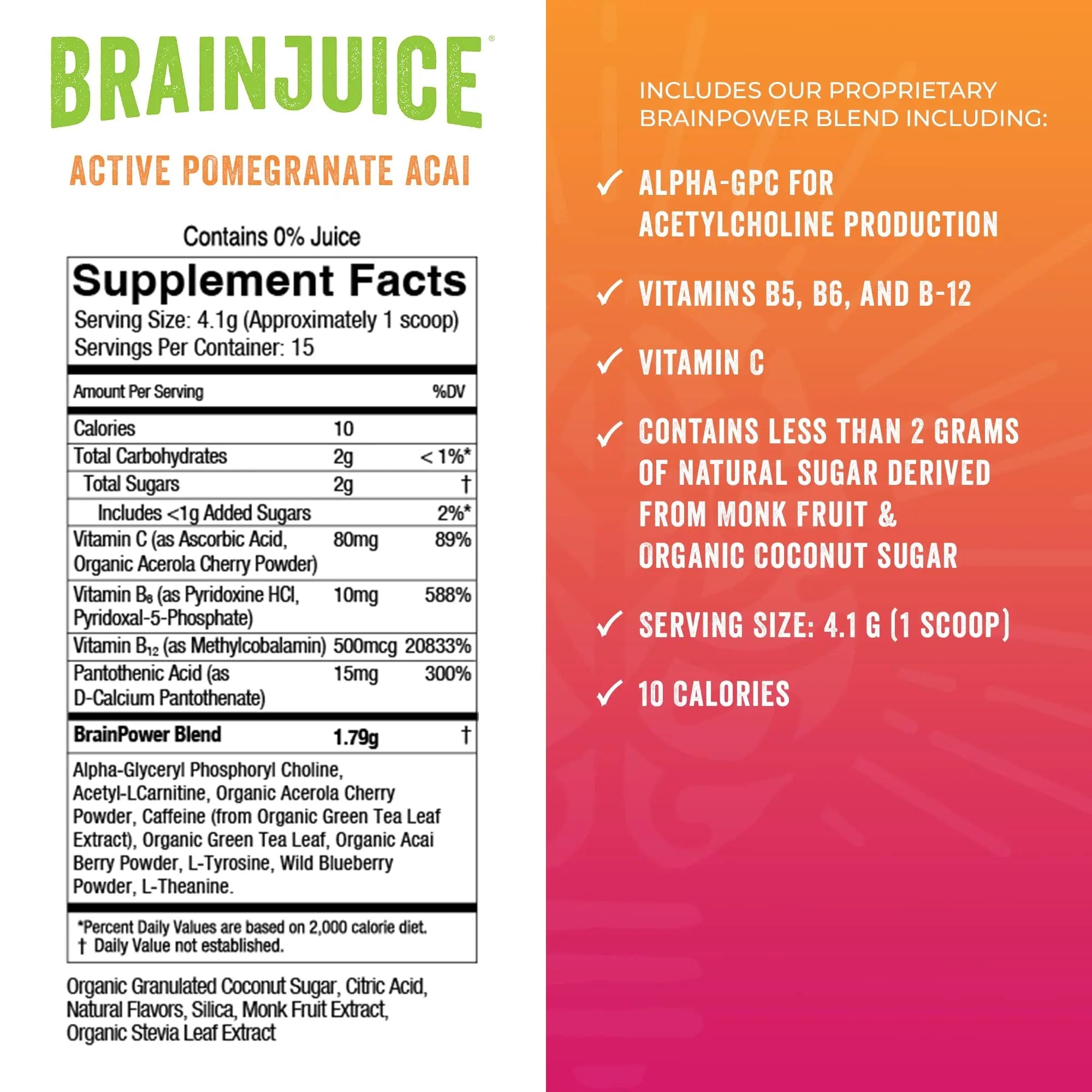 BrainJuice Nootropics Brain Support Supplement, Gluten Free Powder for Energy and Focus, Pre Workout w/Alpha GPC, Vitamin B & Organic Green Tea Extract Caffeine, Active Pomegranate Acai, 15 Servings - TrustMedUSA