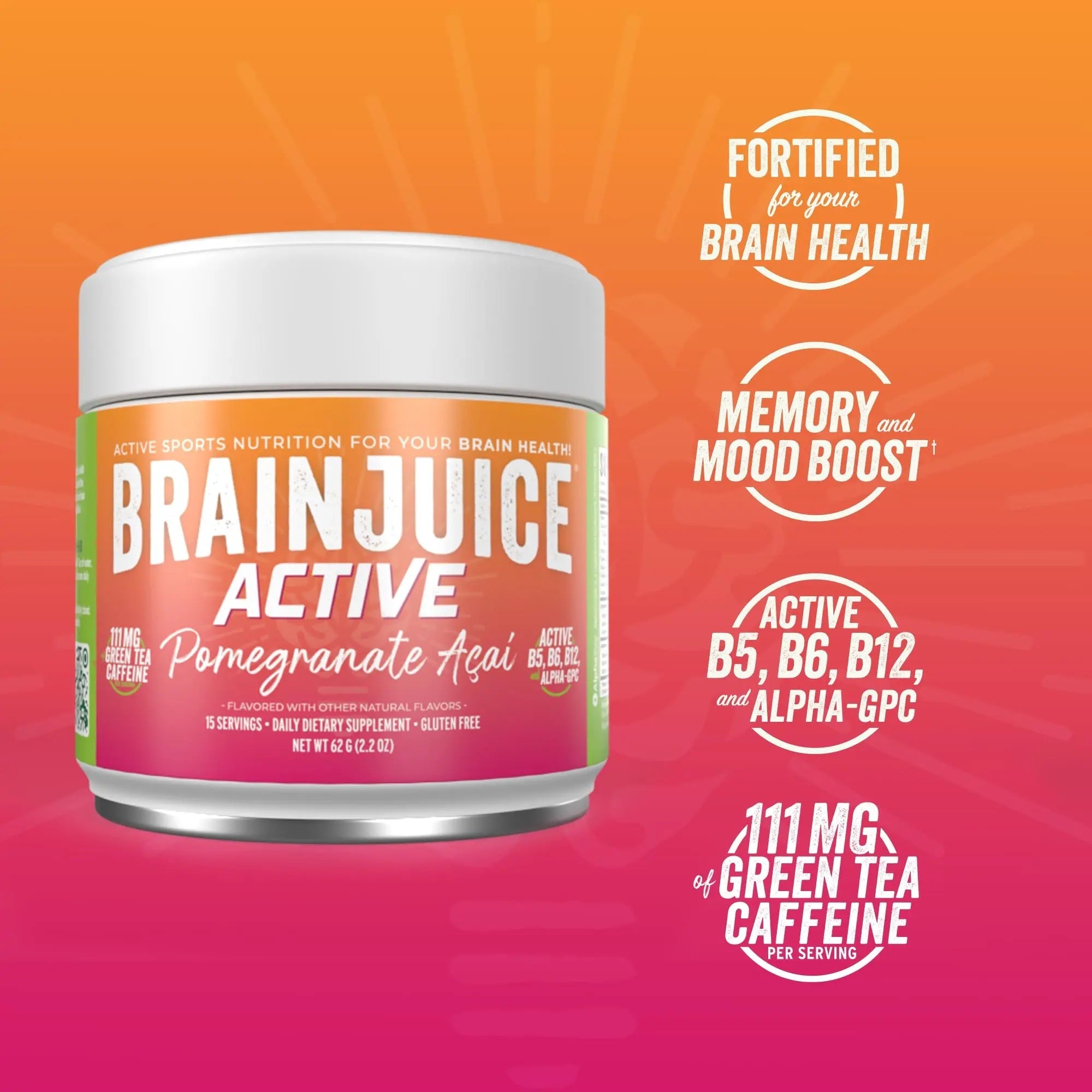 BrainJuice Nootropics Brain Support Supplement, Gluten Free Powder for Energy and Focus, Pre Workout w/Alpha GPC, Vitamin B & Organic Green Tea Extract Caffeine, Active Pomegranate Acai, 15 Servings - TrustMedUSA