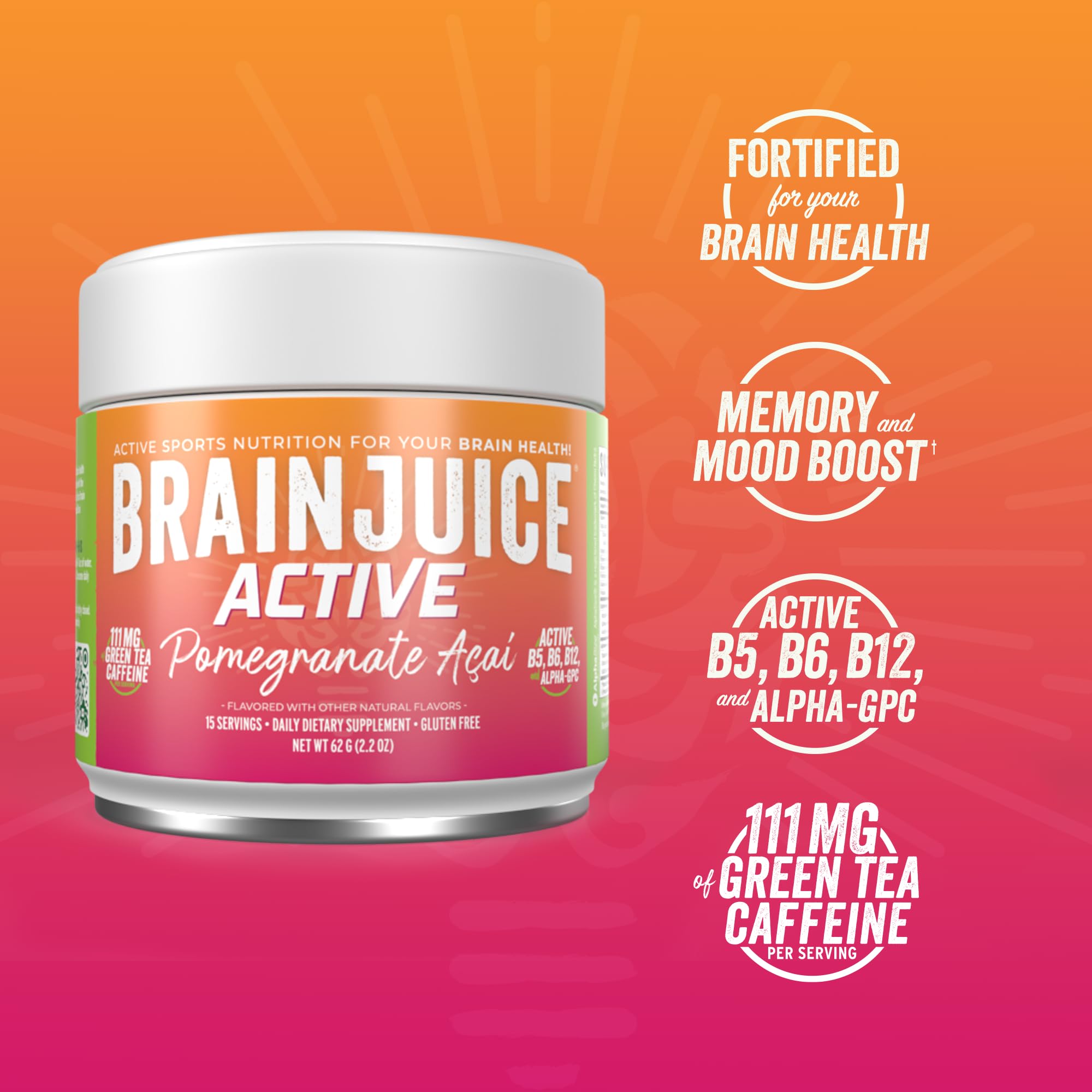 BrainJuice Nootropics Brain Support Supplement, Gluten Free Powder for Energy and Focus, Pre Workout w/Alpha GPC, Vitamin B & Organic Green Tea Extract Caffeine, Active Pomegranate Acai, 15 Servings - TrustMedUSA