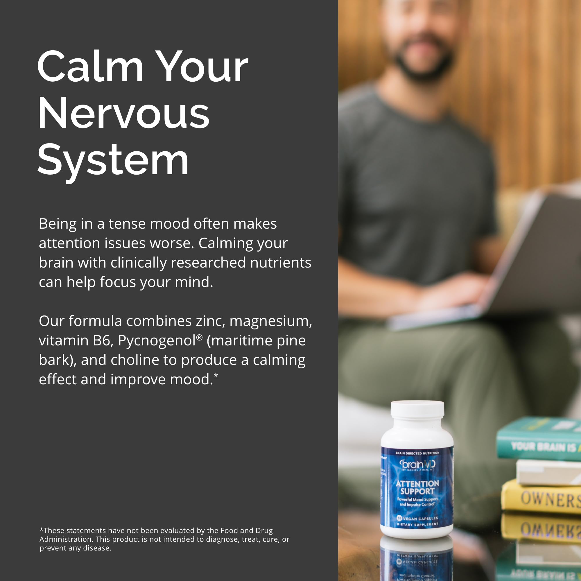 BRAINMD Dr Amen Attention Support - 90 Capsules - Promotes Mental Focus & Impulse Control - Gluten Free - 30 Servings - TrustMedUSA