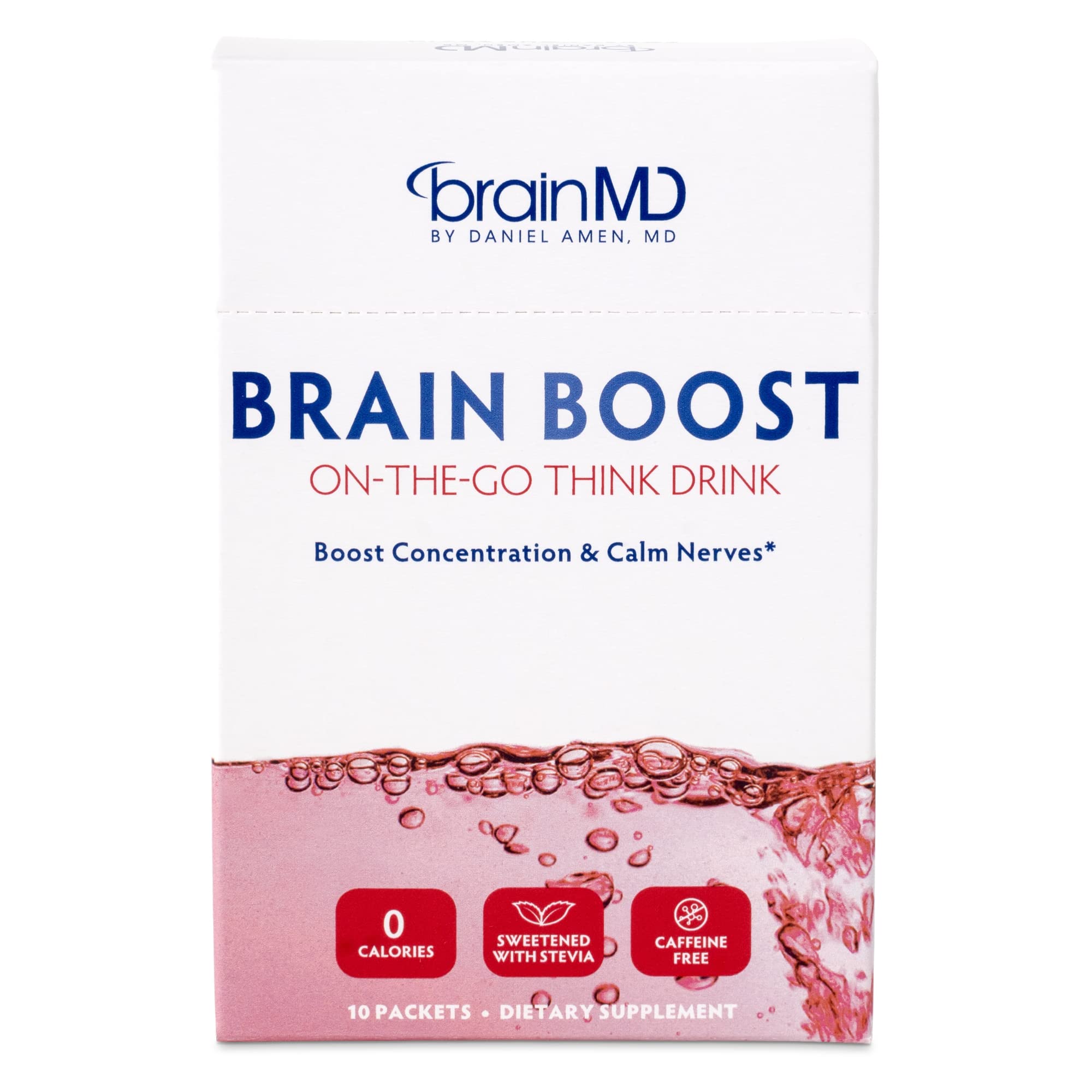 BRAINMD Dr Amen Brain Boost On The Go - 10 Packets, Berry Flavor - Nootropic Drink Powder, Promotes Focus, Clarity & Mental Energy - Caffeine Free, Gluten Free - 10 Servings - TrustMedUSA