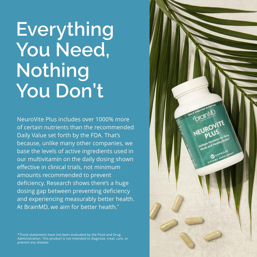 BRAINMD Dr Amen NeuroVite Plus - 120 Capsules - Multivitamin & Mineral Supplement, Enhanced with Phytonutrients, Enzymes & Whole Foods - Gluten Free - 30 Servings - TrustMedUSA