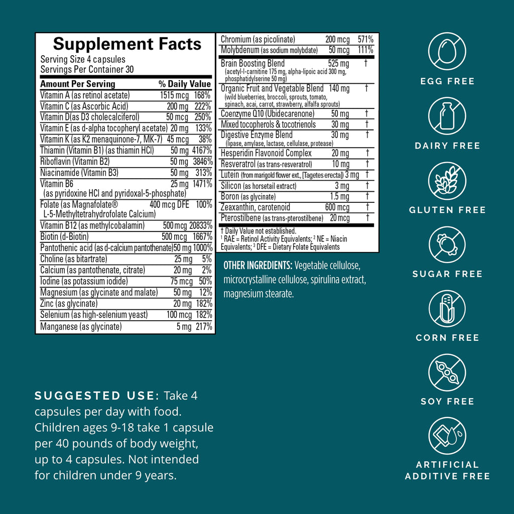 BRAINMD Dr Amen NeuroVite Plus - 120 Capsules - Multivitamin & Mineral Supplement, Enhanced with Phytonutrients, Enzymes & Whole Foods - Gluten Free - 30 Servings - TrustMedUSA