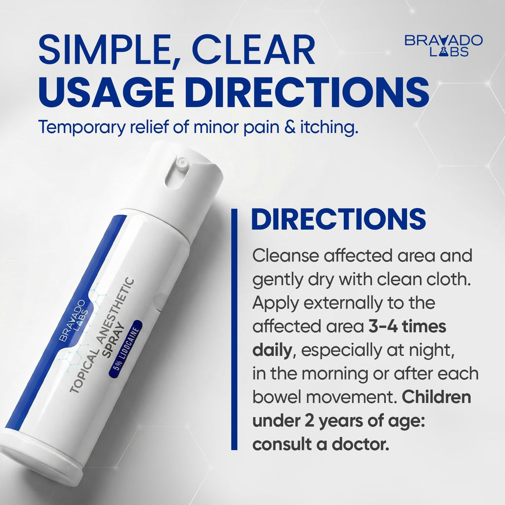 Bravado Labs 5% Lidocaine Spray Pain Relief - Maximum Strength Numbing Spray with Arnica & Emu Oil - Topical Anesthetic for Burns, Pain & Itch Relief - 1oz - TrustMedUSA