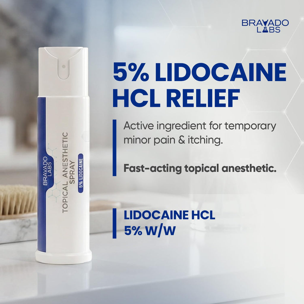 Bravado Labs 5% Lidocaine Spray Pain Relief - Maximum Strength Numbing Spray with Arnica & Emu Oil - Topical Anesthetic for Burns, Pain & Itch Relief - 1oz - TrustMedUSA