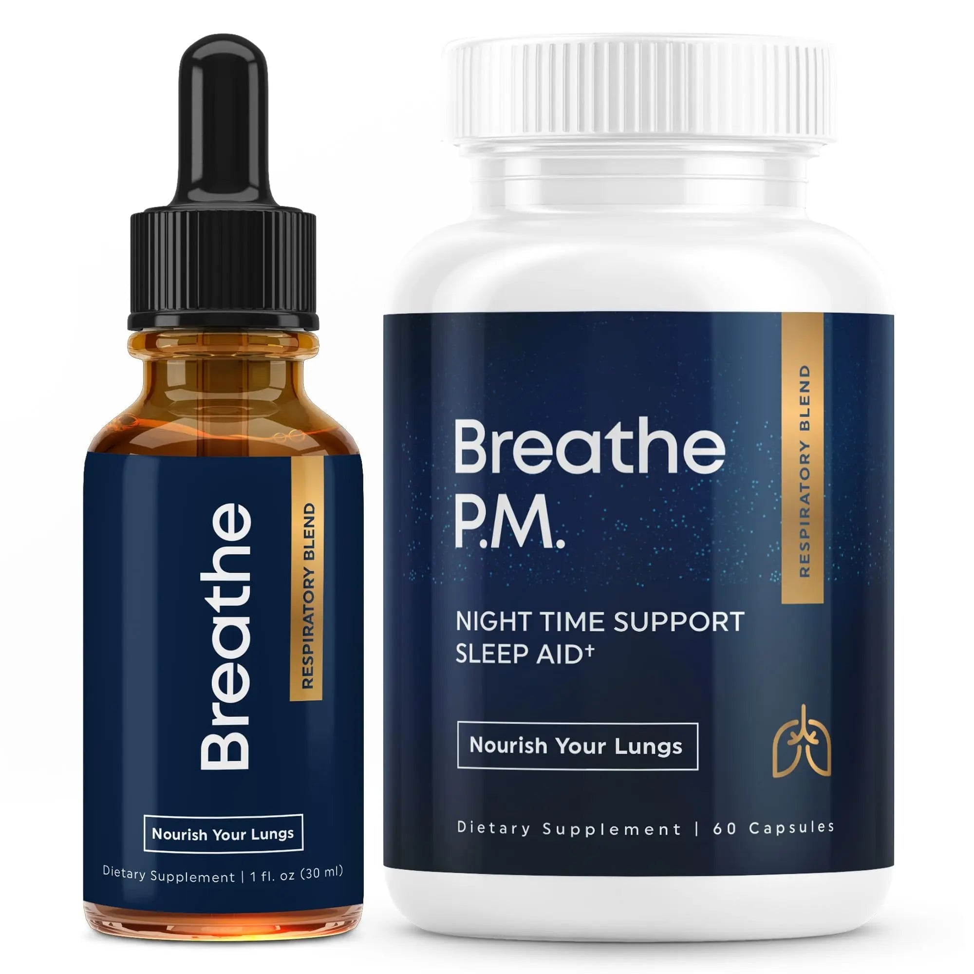 BREATHE & BREATHE PM Bundle - 60 Caps & 1 fl.oz. Mullein Drops for Lungs & Airways: Peppermint, Thyme, & Mullein Leaf Extract for Lungs Detox for Smokers - Clear Mucus & Breathe - GMO-Free & USA-Made - TrustMedUSA
