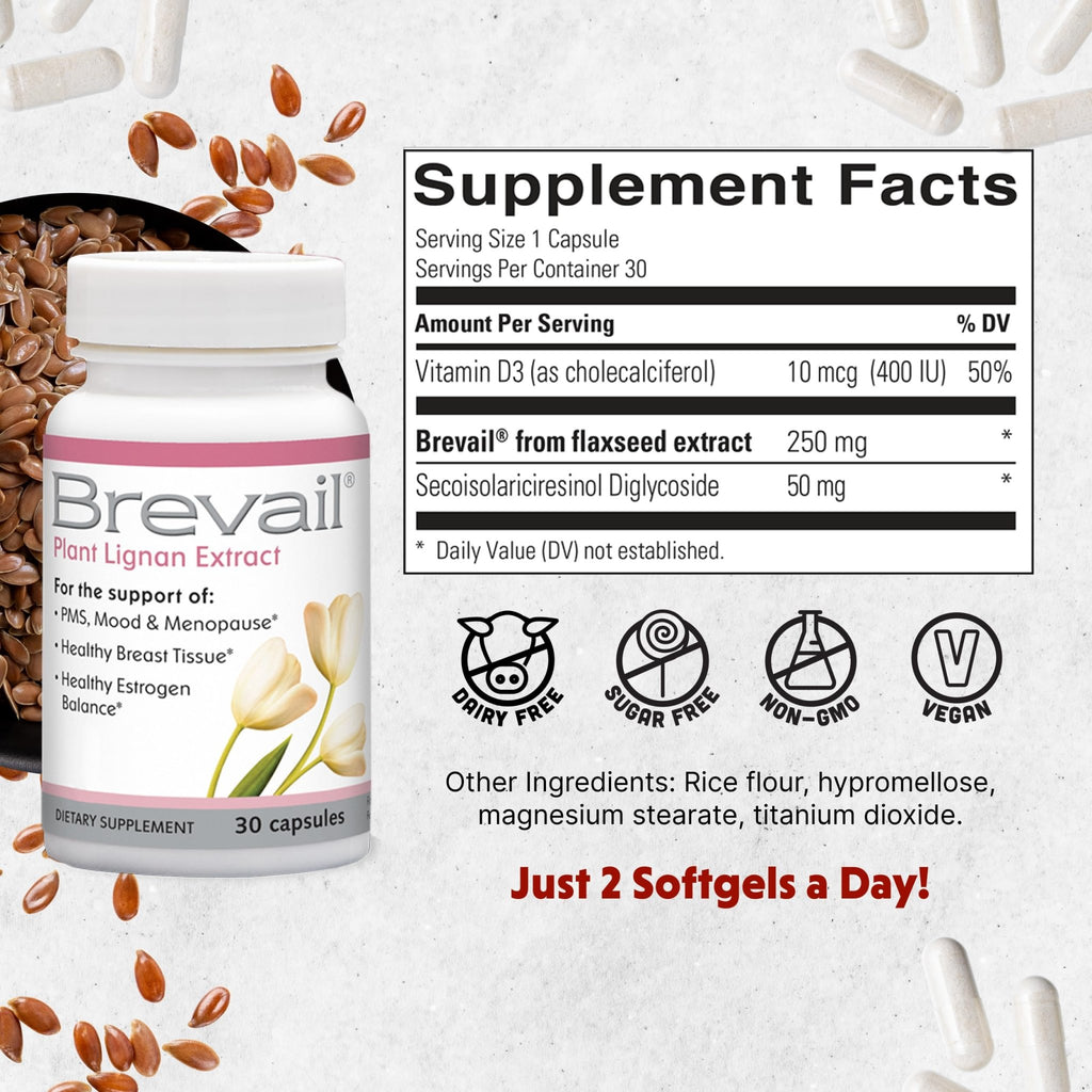 Brevail Plant Lignan Extract Capsules, Proactive Breast Health Supplement with 50 mg SDG Lignans from Flax Seed Hulls for Healthy Estrogen Balance and PMS Mood Support Pills, 30 Count - TrustMedUSA