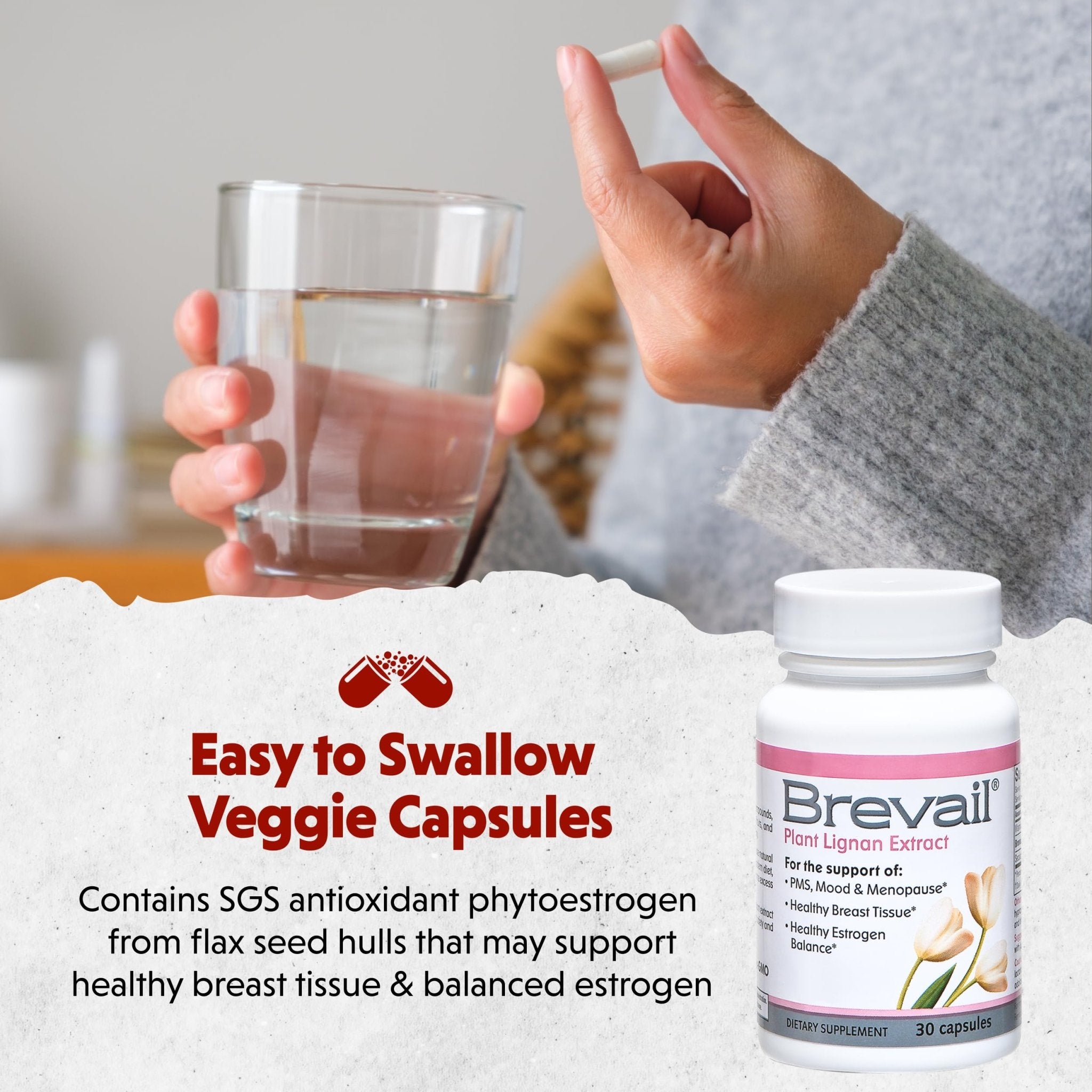 Brevail Plant Lignan Extract Capsules, Proactive Breast Health Supplement with 50 mg SDG Lignans from Flax Seed Hulls for Healthy Estrogen Balance and PMS Mood Support Pills, 30 Count - TrustMedUSA