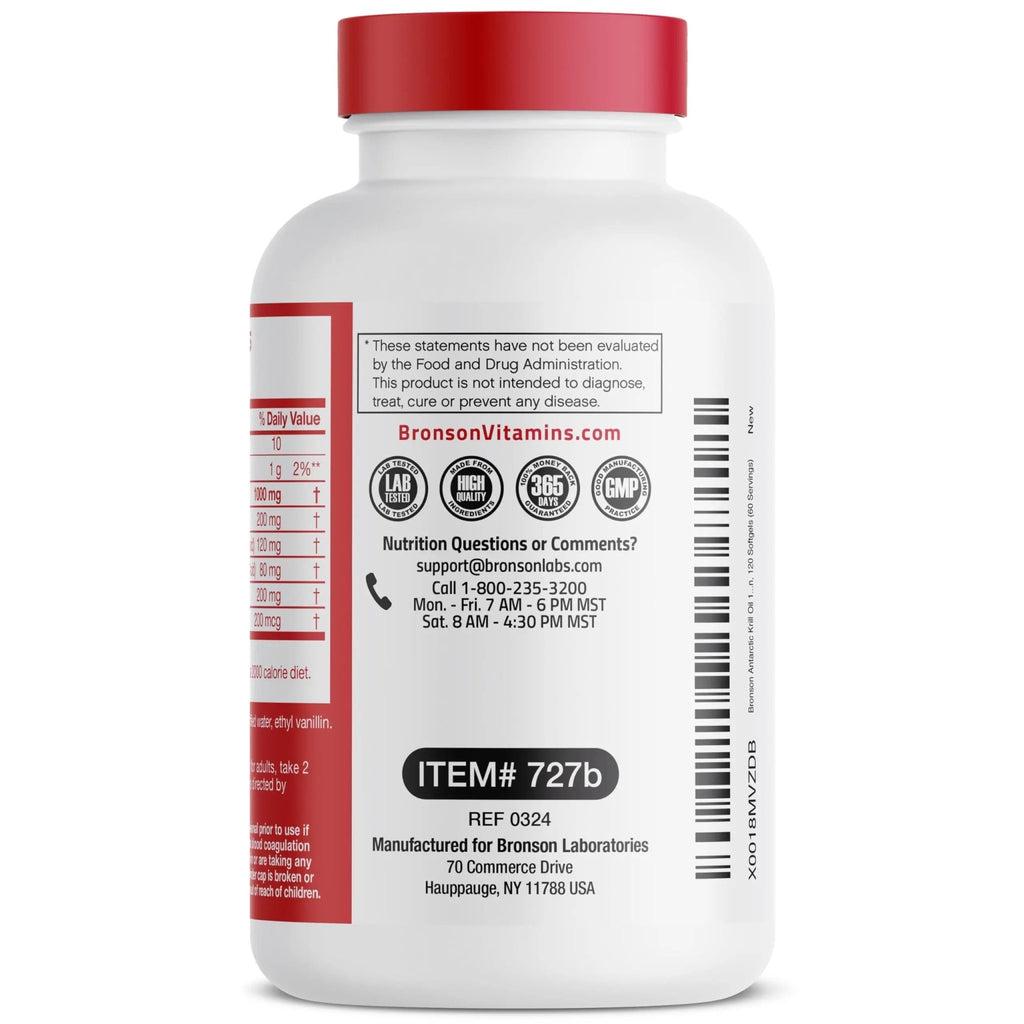 Bronson Antarctic Krill Oil 1000 mg with Omega-3s EPA, DHA, Astaxanthin and Phospholipids 120 Softgels - TrustMedUSA