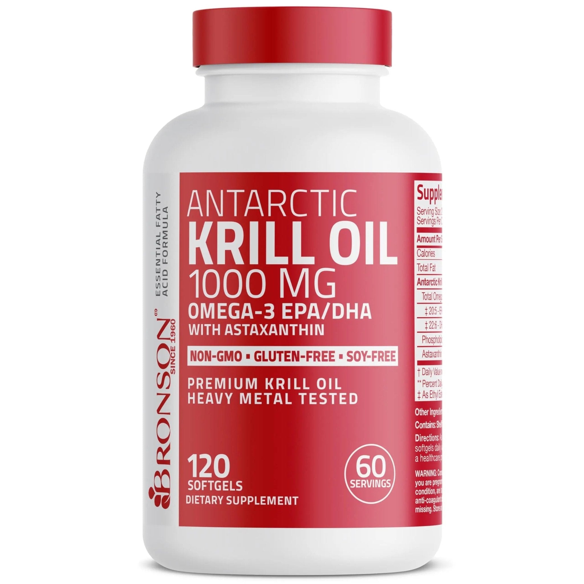 Bronson Antarctic Krill Oil 1000 mg with Omega-3s EPA, DHA, Astaxanthin and Phospholipids 120 Softgels - TrustMedUSA