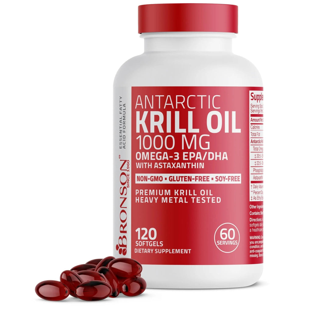 Bronson Antarctic Krill Oil 1000 mg with Omega-3s EPA, DHA, Astaxanthin and Phospholipids 120 Softgels - TrustMedUSA