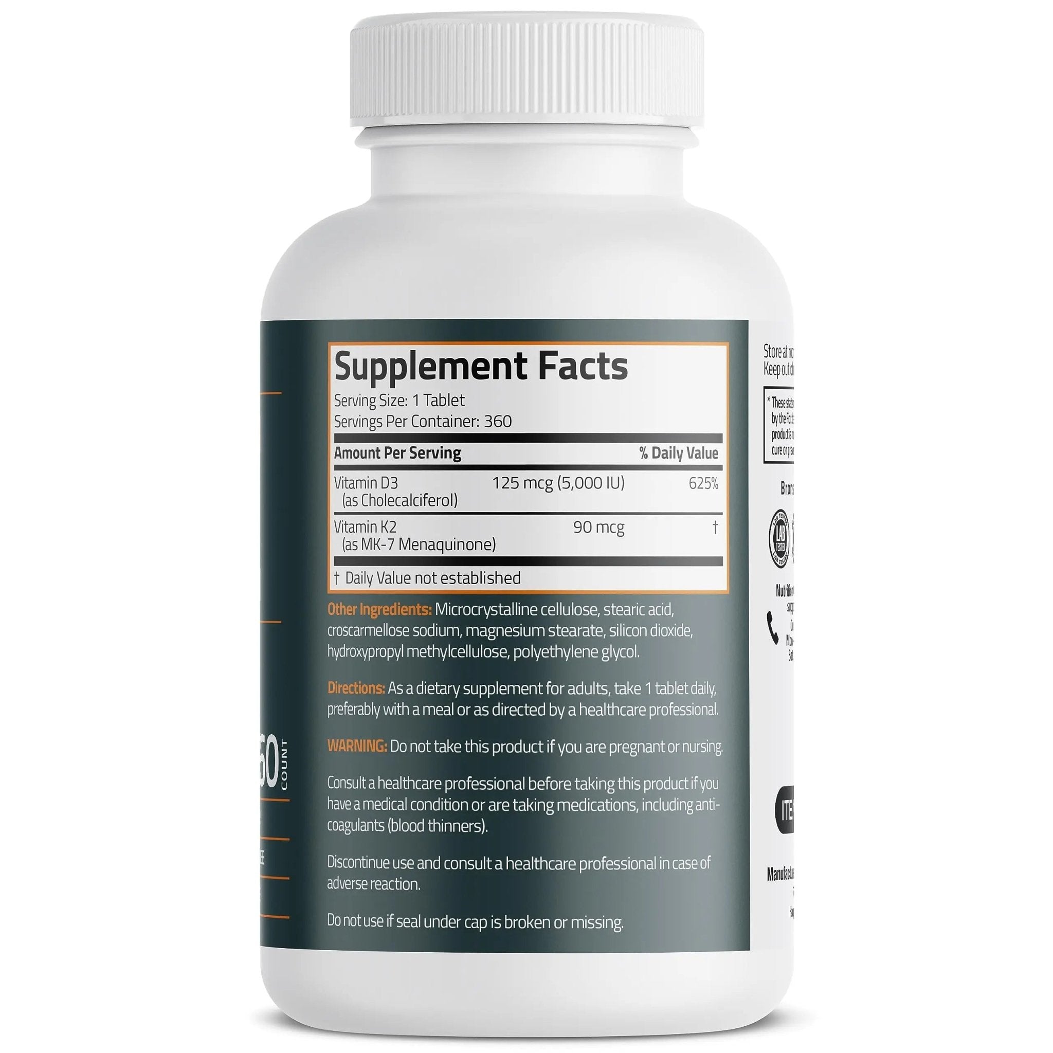 Bronson Basics Vitamin K2 D3 (MK7) Supplement Non-GMO Formula 5000IU (125 mcg) - TrustMedUSA
