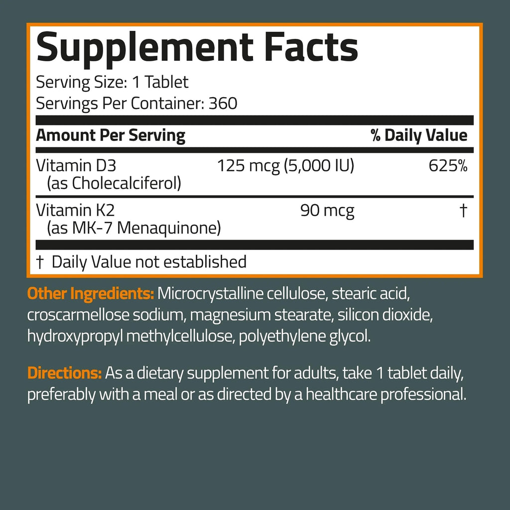 Bronson Basics Vitamin K2 D3 (MK7) Supplement Non-GMO Formula 5000IU (125 mcg) - TrustMedUSA