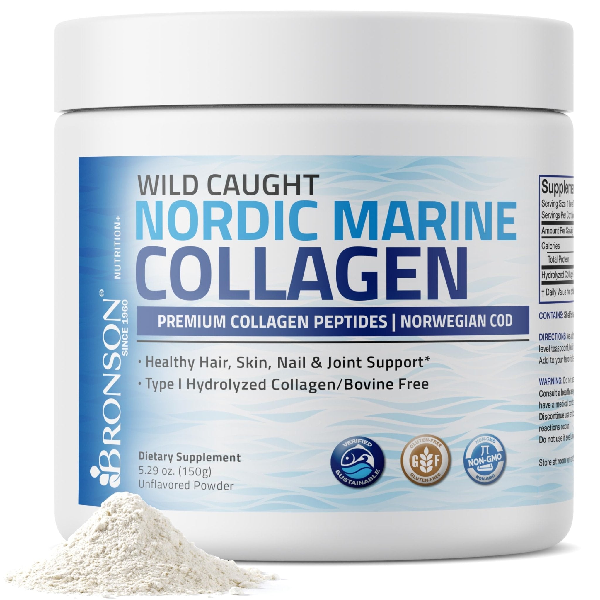 Bronson Marine Collagen Peptides Hydrolyzed Protein Powder 100% Wild Caught Nordic Cod Verified Sustainable Source for Joints Skin Hair Nails & Bones 150g (5.29oz) - TrustMedUSA