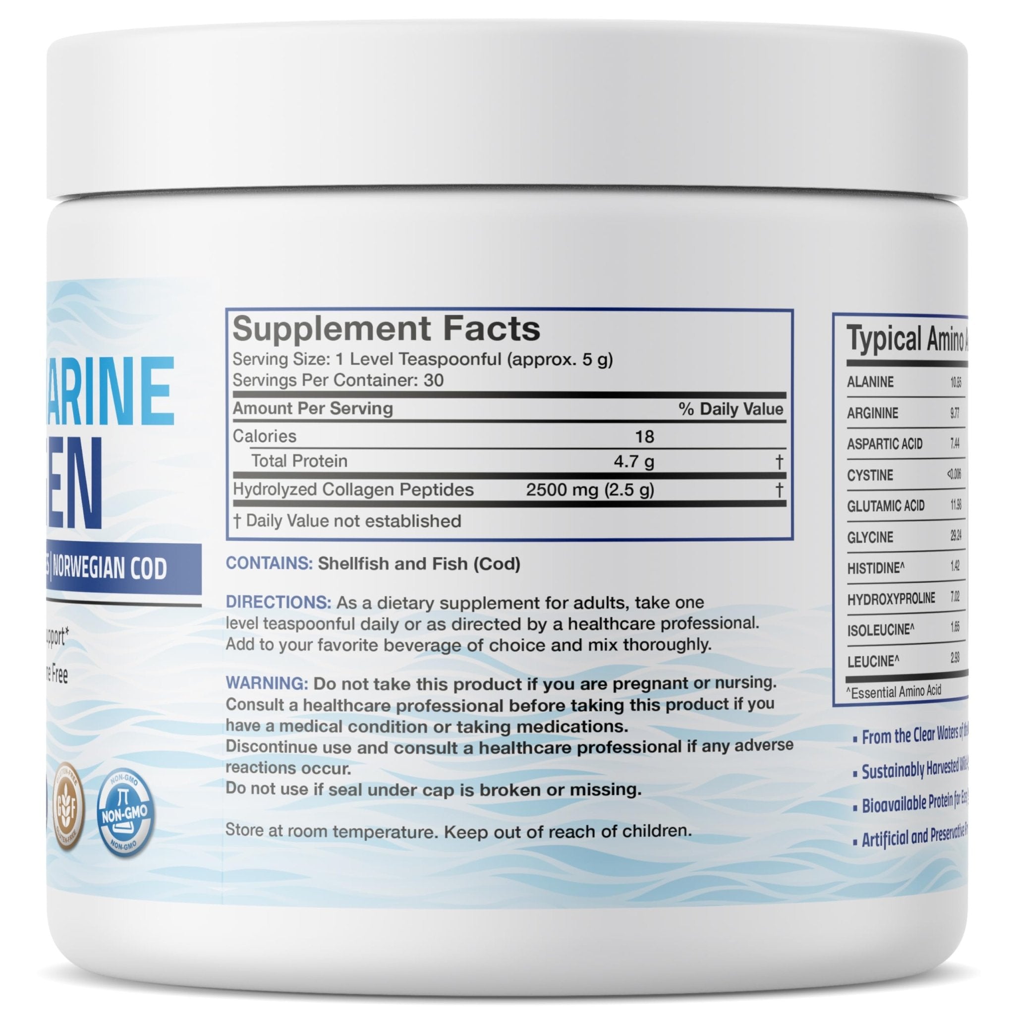 Bronson Marine Collagen Peptides Hydrolyzed Protein Powder 100% Wild Caught Nordic Cod Verified Sustainable Source for Joints Skin Hair Nails & Bones 150g (5.29oz) - TrustMedUSA