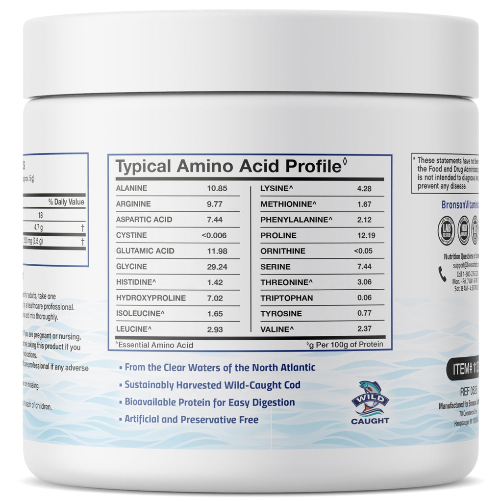 Bronson Marine Collagen Peptides Hydrolyzed Protein Powder 100% Wild Caught Nordic Cod Verified Sustainable Source for Joints Skin Hair Nails & Bones 150g (5.29oz) - TrustMedUSA