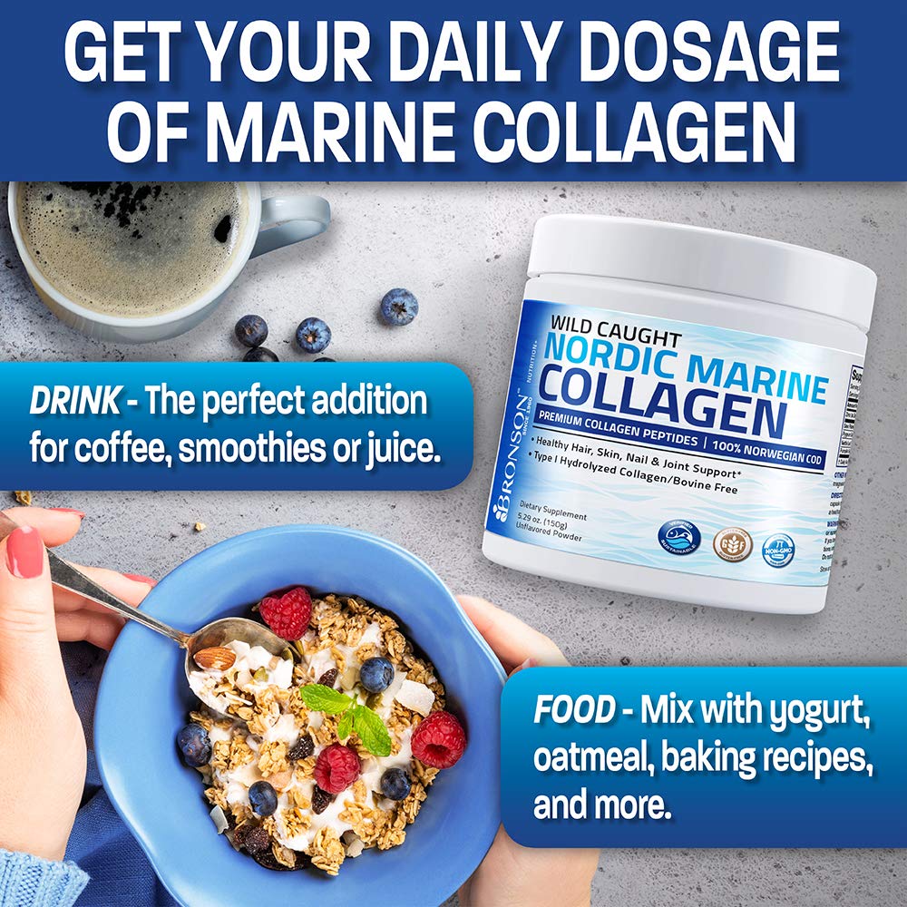 Bronson Marine Collagen Peptides Hydrolyzed Protein Powder 100% Wild Caught Nordic Cod Verified Sustainable Source for Joints Skin Hair Nails & Bones 150g (5.29oz) - TrustMedUSA