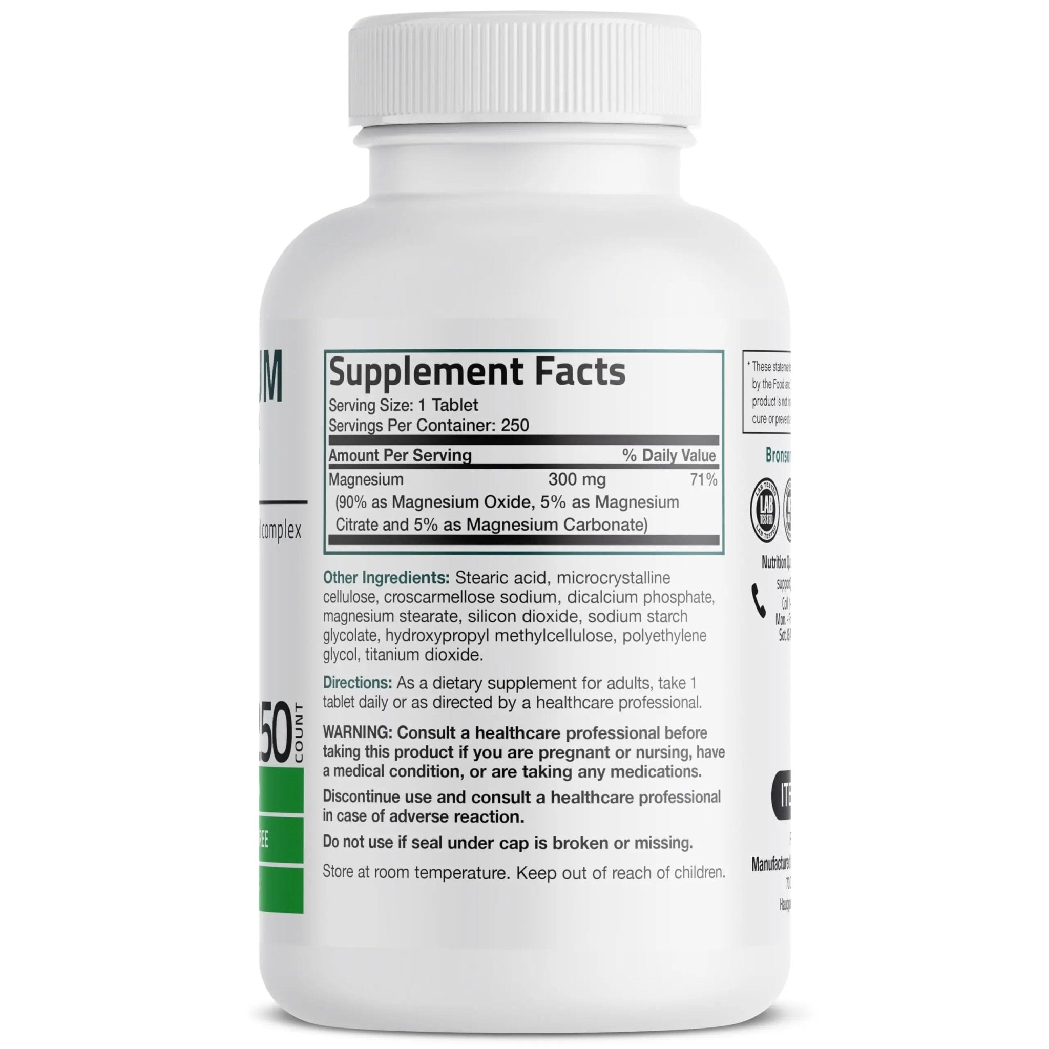 Bronson Triple Magnesium Complex Maximum Coverage 300mg - Non-GMO Formula, 250 Tablets - TrustMedUSA