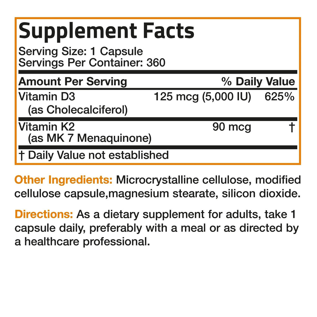 Bronson Vitamin K2 (MK7) with D3 Supplement Non-GMO Formula 5000 IU Vitamin D3 - TrustMedUSA
