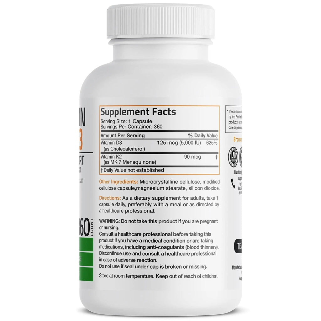 Bronson Vitamin K2 (MK7) with D3 Supplement Non-GMO Formula 5000 IU Vitamin D3 - TrustMedUSA