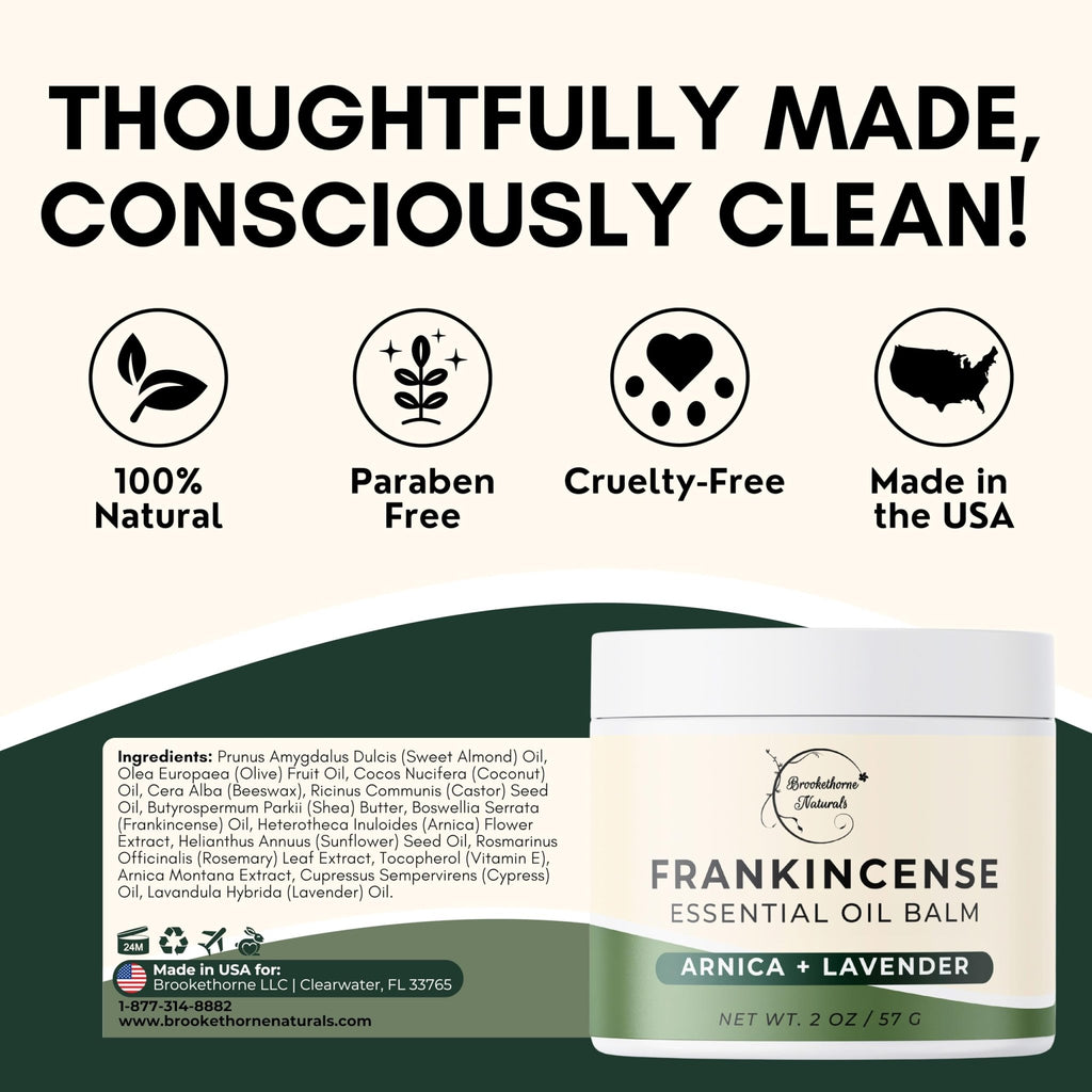 Brookethorne Naturals Frankincense Balm | Frankincense Essential Oil Balm for Skin Hydration | Soothing Muscle & Joint Support | Boswellia Extract, Arnica Montana, Castor Oil & Lavender 2oz - TrustMedUSA