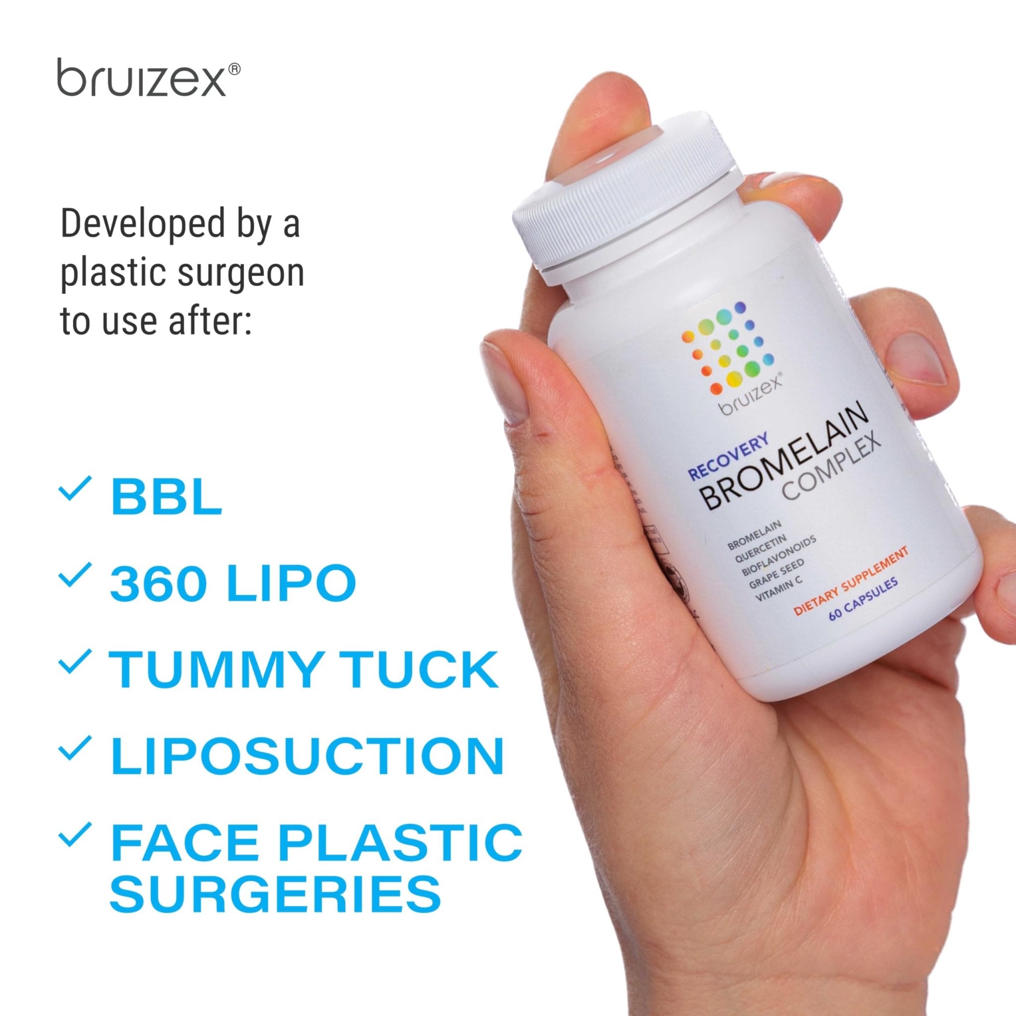 Bruizex Bromelain & Quercetin Recovery Complex - Post Surgery Recovery Bruising, Swelling Relief, Lymphatic Drainage - Post 360 lipo, BBL, Liposuction, Tummy Tuck - Non GMO - 60 Capsules - TrustMedUSA