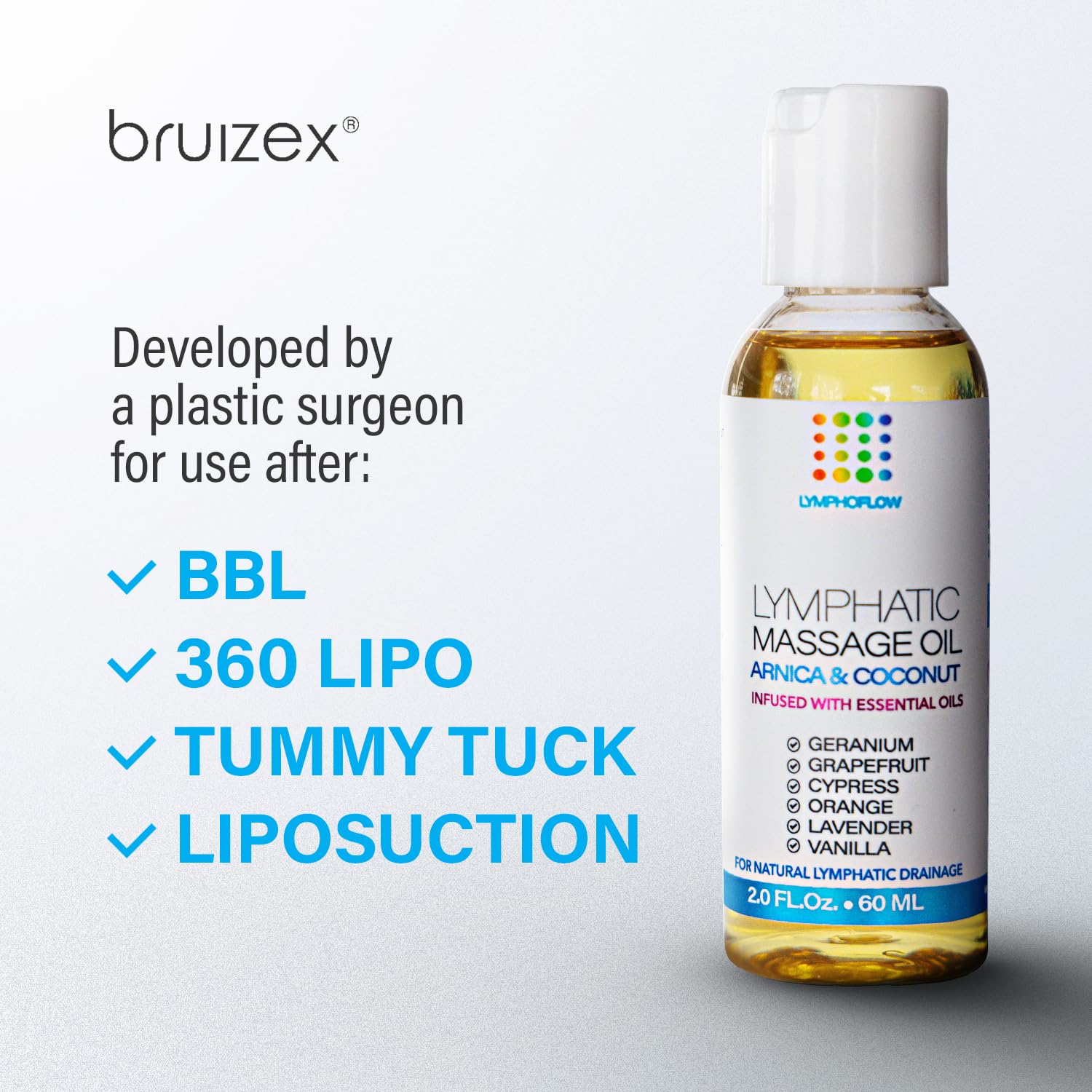 Bruizex Lymphatic Drainage Massage Oil: Arnica and Coconut Oil for Manual Lymph Drainage & Post Surgery Recovery for Liposuction, 360 Lipo, BBL,Tummy Tuck, Lymphedema, Lipedema, Lipo Foam- 2.0 oz - Maple Wellness Supplements