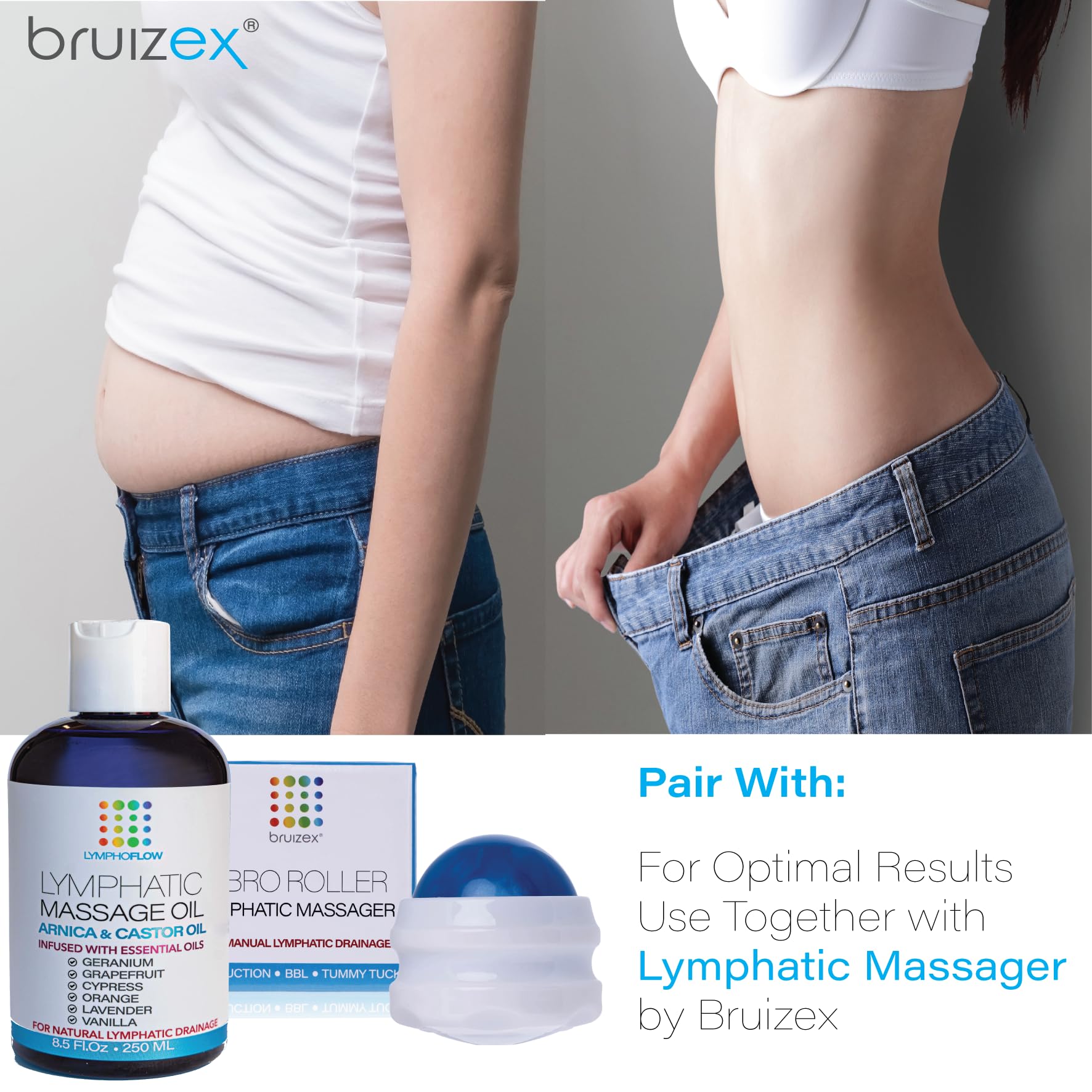 Bruizex Lymphatic Drainage Massage Oil with Arnica & Cold Pressed Castor Oil, Lightweight Non-Greasy Body Massage Oil for Daily Lymphatic Massage, Aftercare Routine, Lightweight Formula - 8.5 Oz - Maple Wellness Supplements
