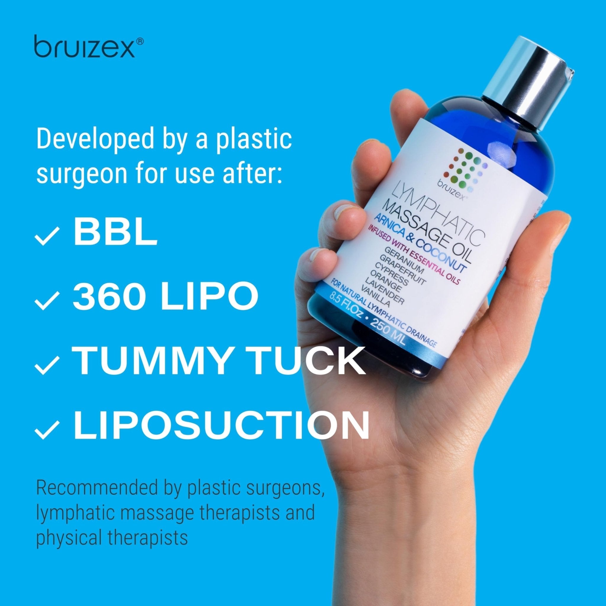 Bruizex Lymphatic Drainage Massage Oil with Arnica Oil & Coconut for Post Surgery Recovery & Lymphatic Drainage Massager, Liposuction, 360 Lipo, BBL, Tummy Tuck Procedure, Moisturizing Formula, 8.5 Oz - Maple Wellness Supplements