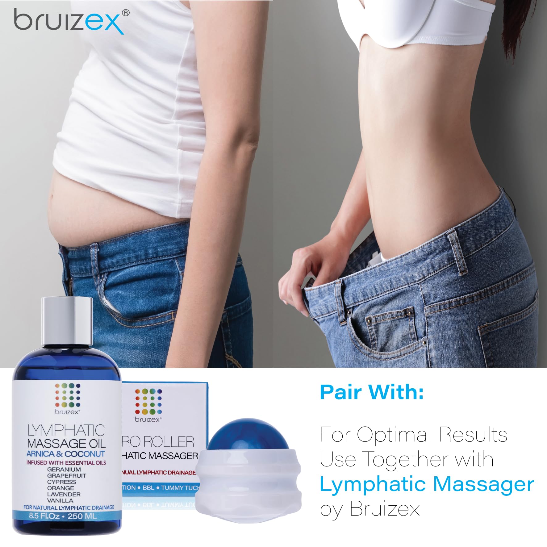 Bruizex Lymphatic Drainage Massage Oil with Arnica Oil & Coconut for Post Surgery Recovery & Lymphatic Drainage Massager, Liposuction, 360 Lipo, BBL, Tummy Tuck Procedure, Moisturizing Formula, 8.5 Oz - Maple Wellness Supplements