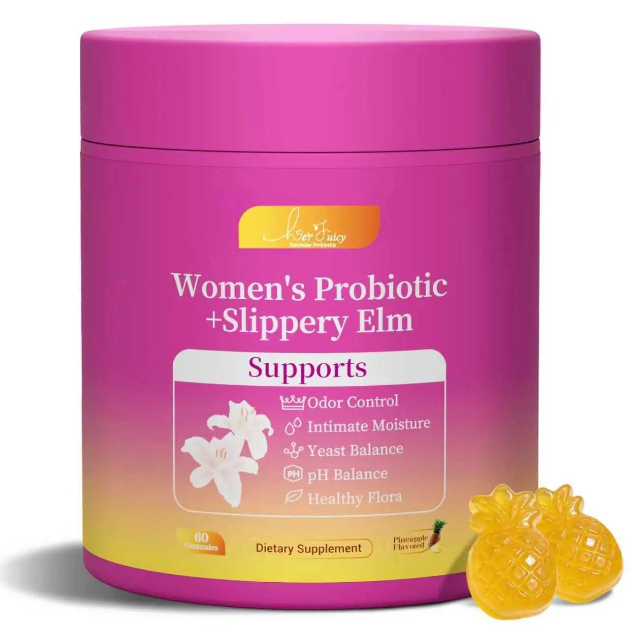 Brurtzexs Her Juicy Feminine Probiotics Gummies for Women with Slippery Elm - Pineapple Flavor, pH Balance & Immune Health Support - Digestive & Feminine Support - Vegan Supplement, 60 C - TrustMedUSA