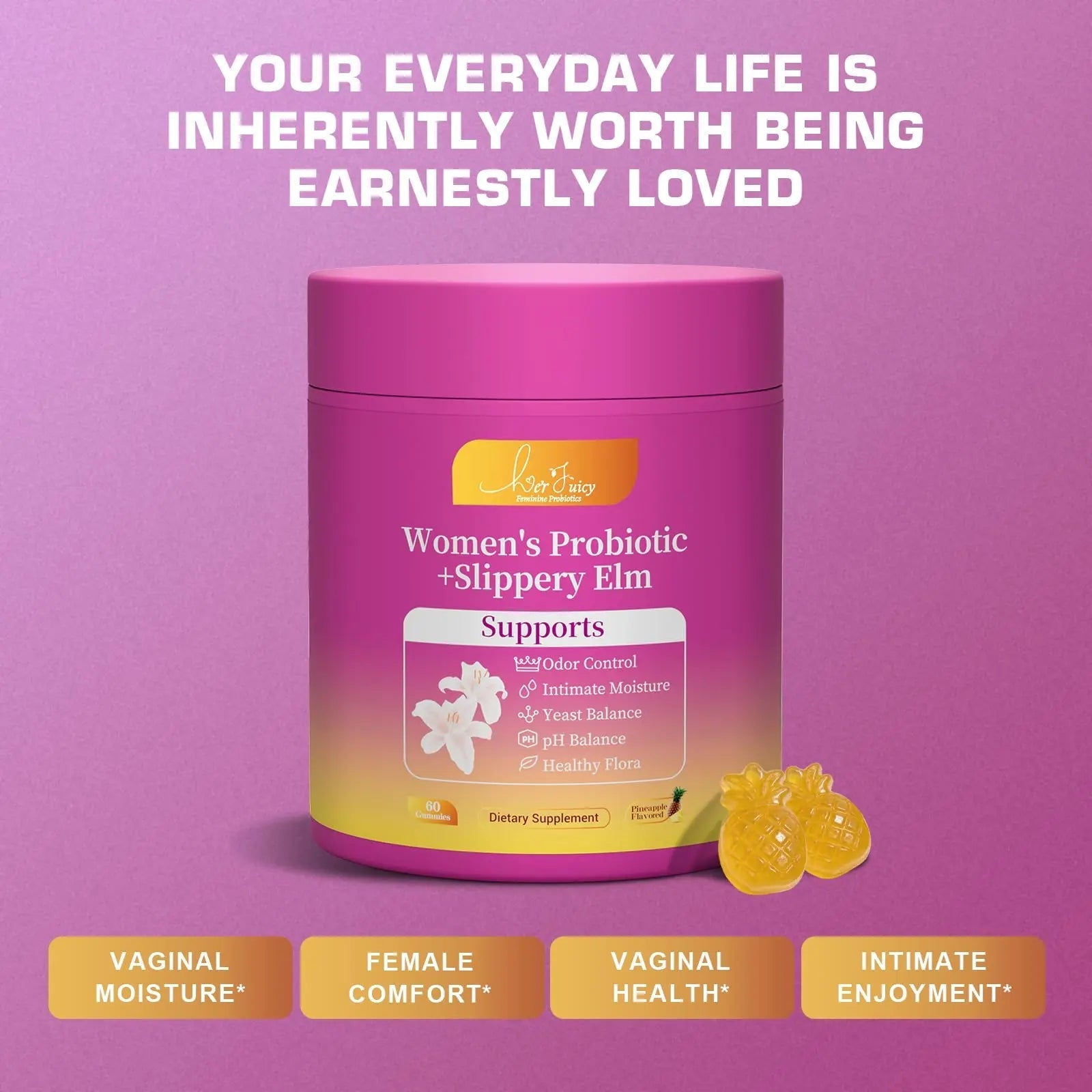 Brurtzexs Her Juicy Feminine Probiotics Gummies for Women with Slippery Elm - Pineapple Flavor, pH Balance & Immune Health Support - Digestive & Feminine Support - Vegan Supplement, 60 C - TrustMedUSA