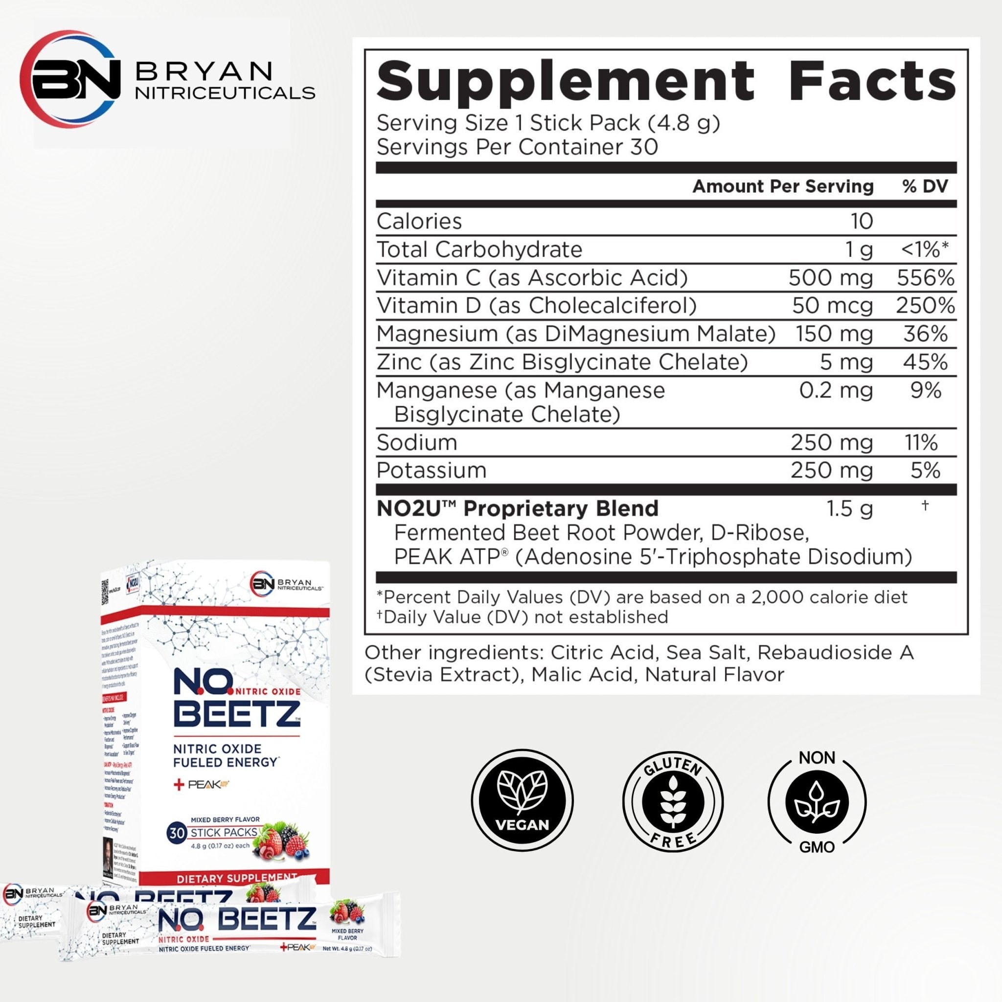 Bryan Nitriceuticals N.O. Beetz Nitric Oxide Fueled Energy Boost Supplement, Hydration & Cellular Energy Production Enhancer, Blend of Vitamins and Minerals (30 Servings) - TrustMedUSA