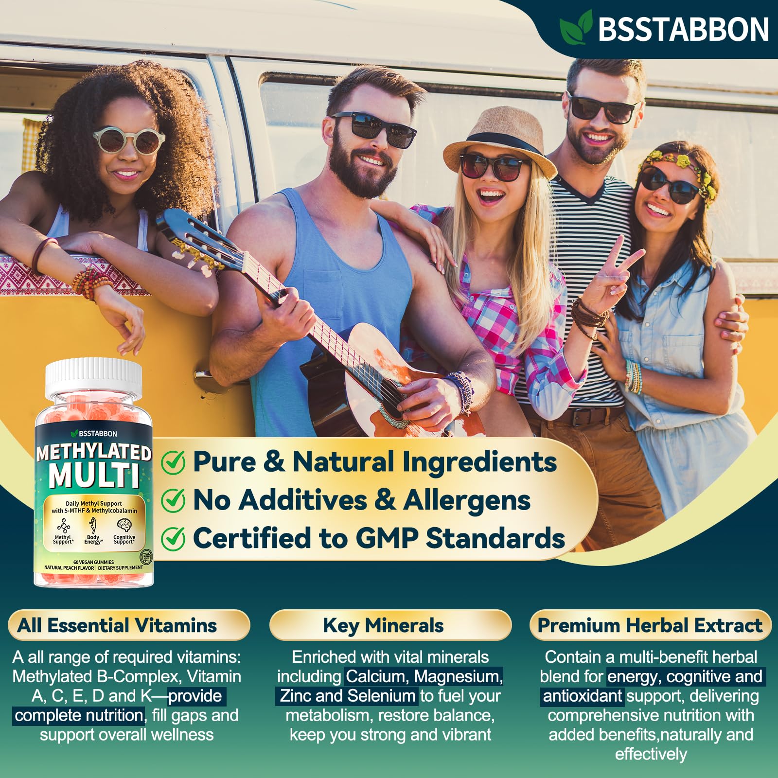 BSSTABBON Methylated Multivitamin for Women Men: Organic Iron Free Multivitamins Gummies plus 5-MTHF Active B12 P5P CoQ10 NAC TMG - Chewable Sugar Free Gummy for Energy Immune Overall Health(120Count) - TrustMedUSA