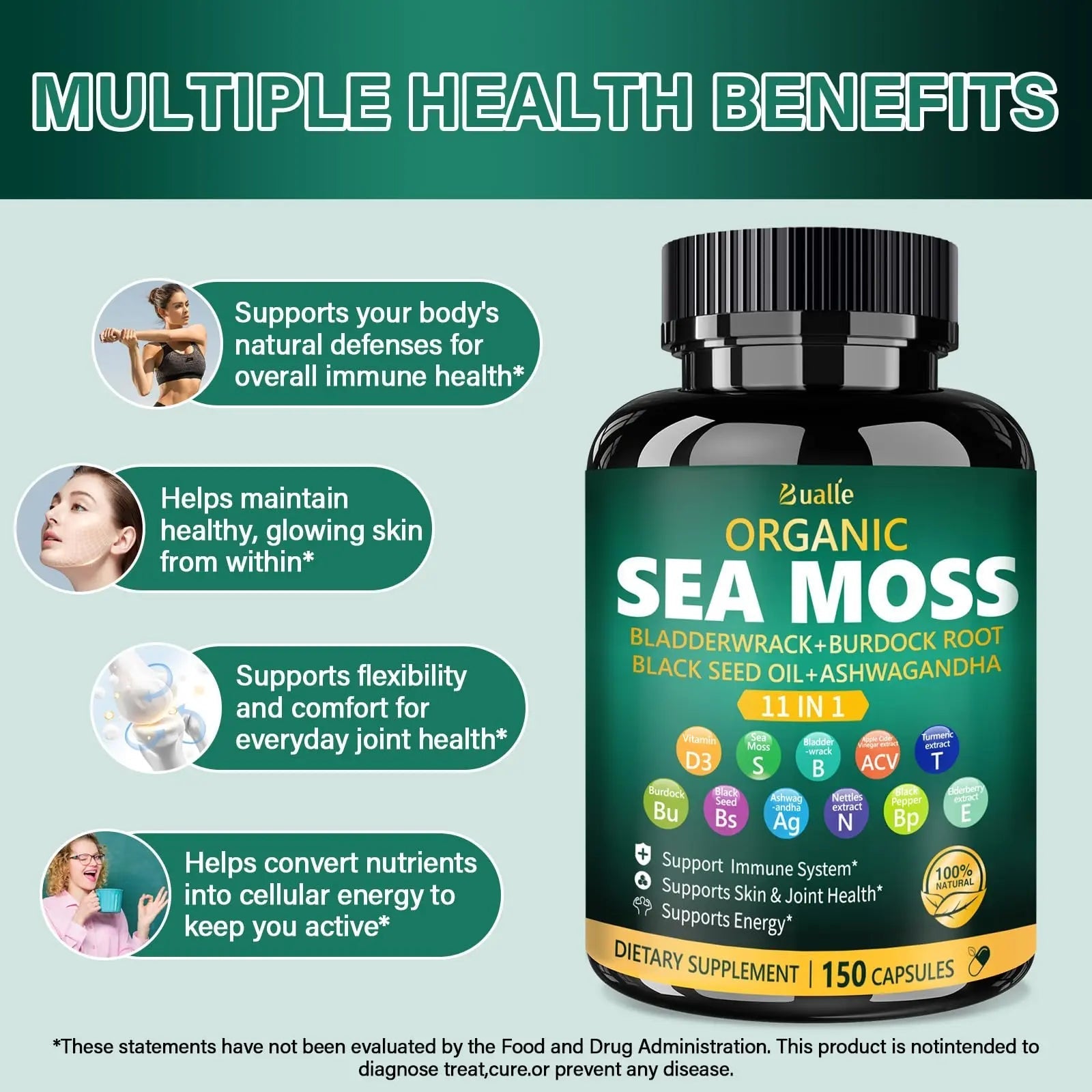 Bualle Irish Sea Moss Capsules – Organic Sea Moss, Black Seed Oil, Ashwagandha Supplements with Bladderwrack, Ginger & Burdock Root – Supports Daily Wellness, Skin & Energy – 150 Count (1 Pack) - TrustMedUSA