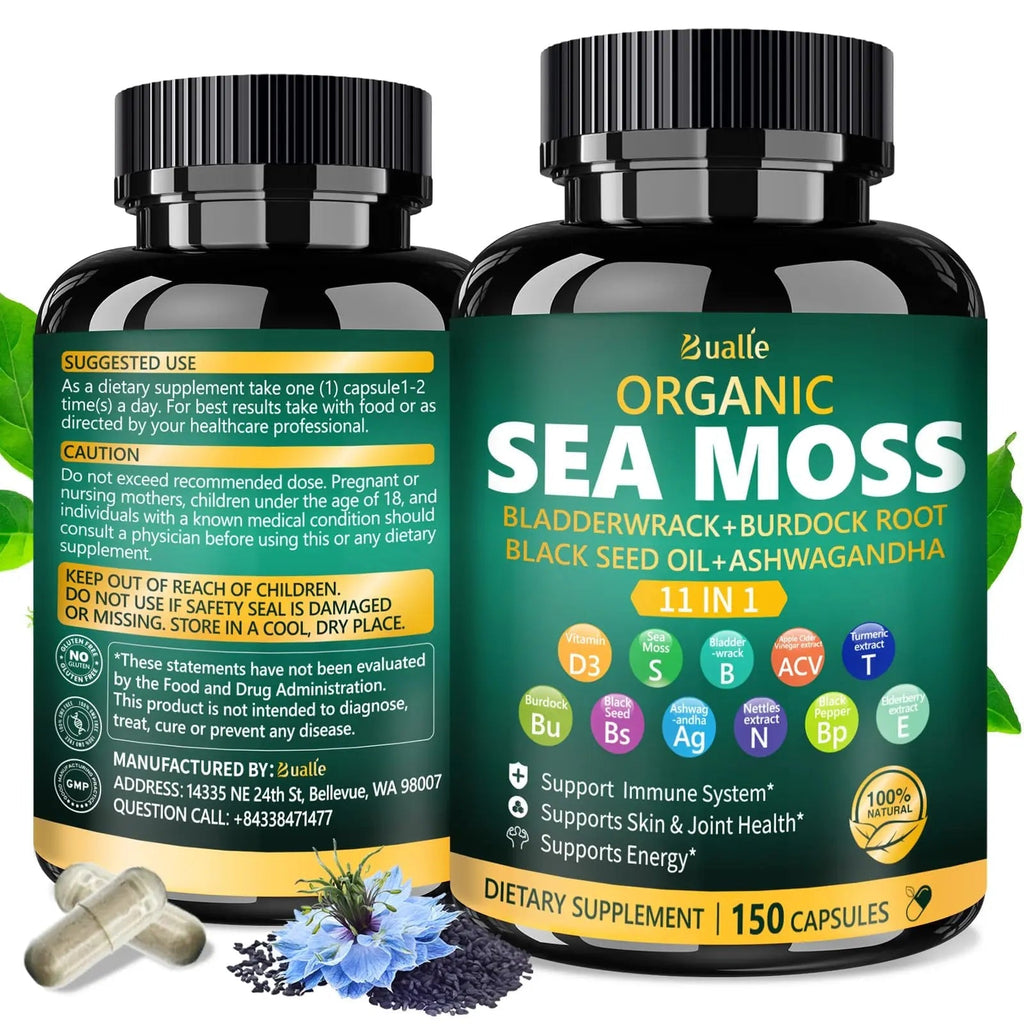 Bualle Irish Sea Moss Capsules – Organic Sea Moss, Black Seed Oil, Ashwagandha Supplements with Bladderwrack, Ginger & Burdock Root – Supports Daily Wellness, Skin & Energy – 150 Count (1 Pack) - TrustMedUSA