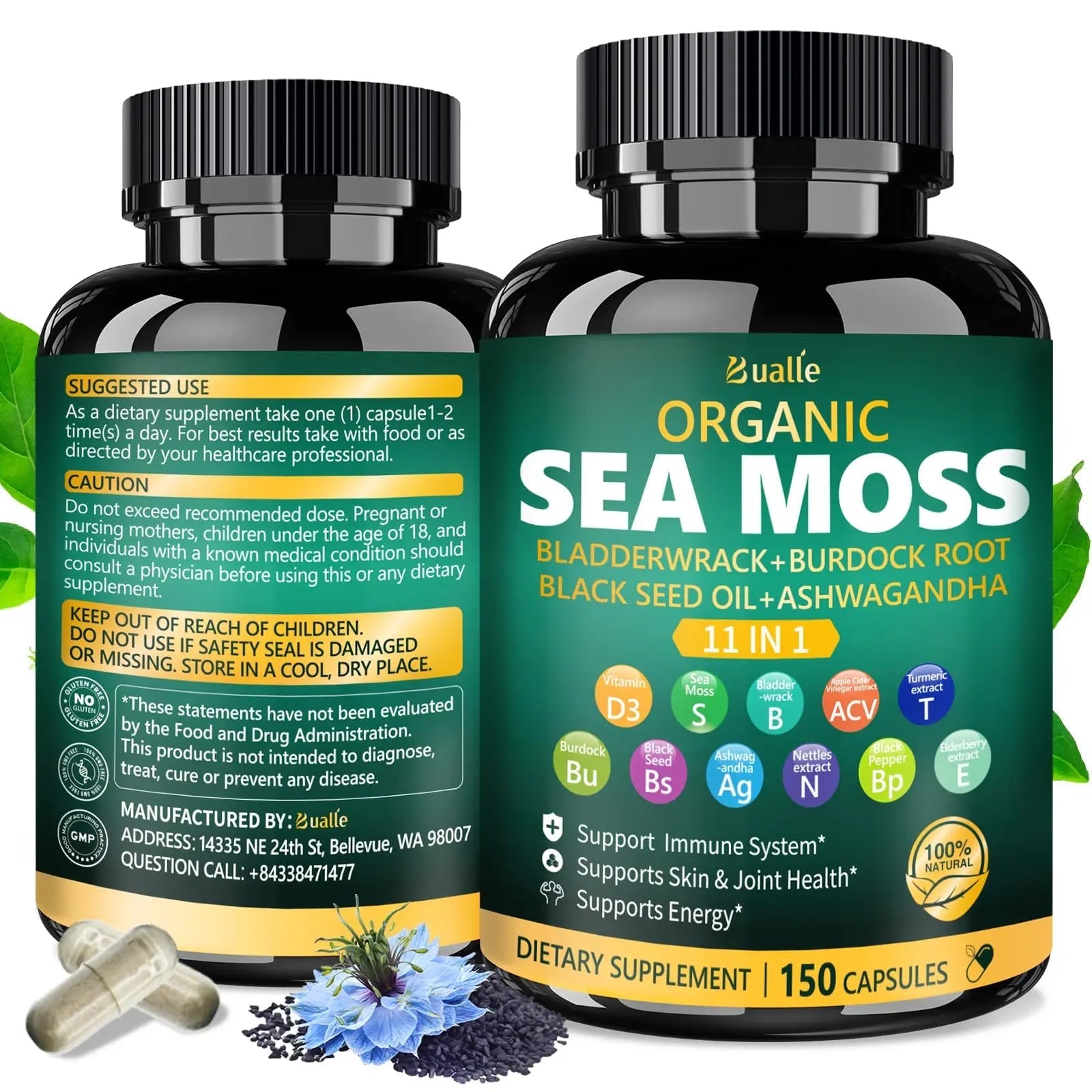 Bualle Irish Sea Moss Capsules – Organic Sea Moss, Black Seed Oil, Ashwagandha Supplements with Bladderwrack, Ginger & Burdock Root – Supports Daily Wellness, Skin & Energy – 150 Count (1 Pack) - TrustMedUSA