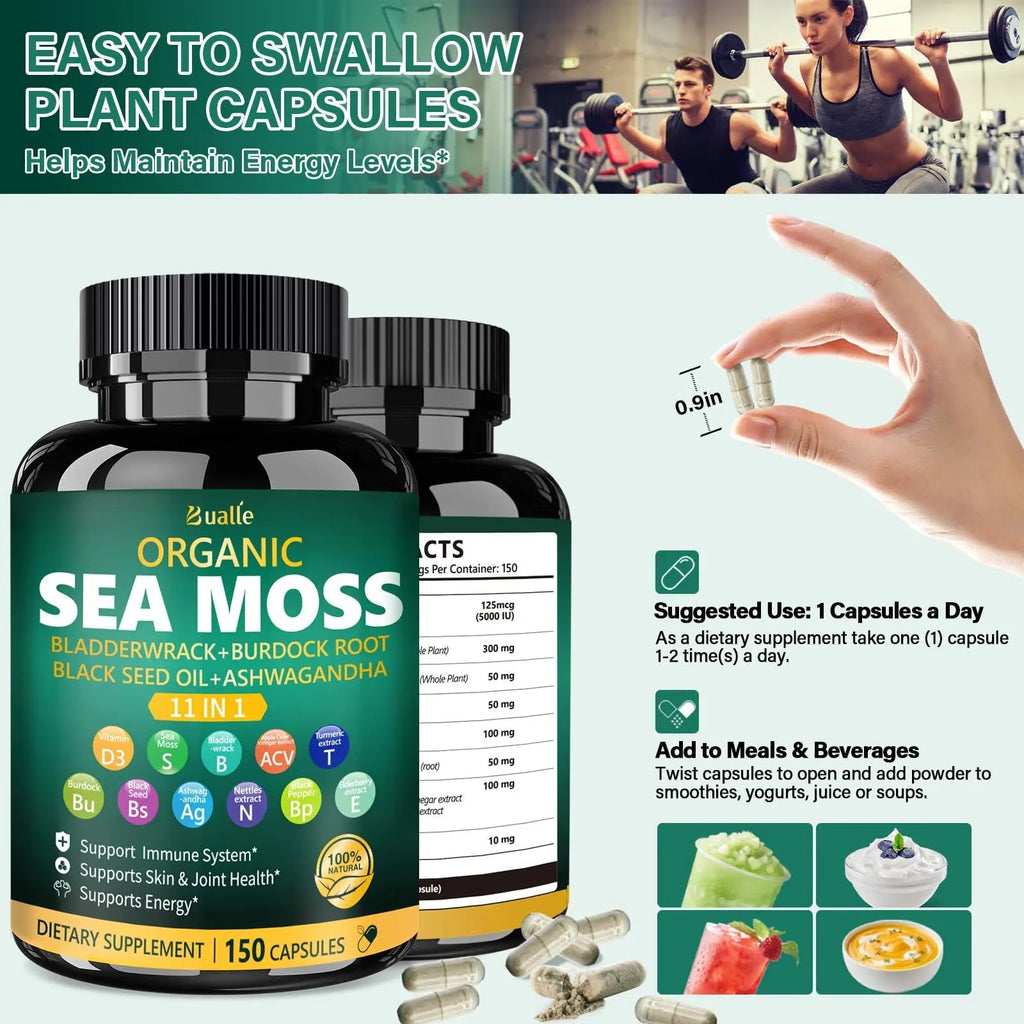 Bualle Irish Sea Moss Capsules – Organic Sea Moss, Black Seed Oil, Ashwagandha Supplements with Bladderwrack, Ginger & Burdock Root – Supports Daily Wellness, Skin & Energy – 150 Count (1 Pack) - TrustMedUSA
