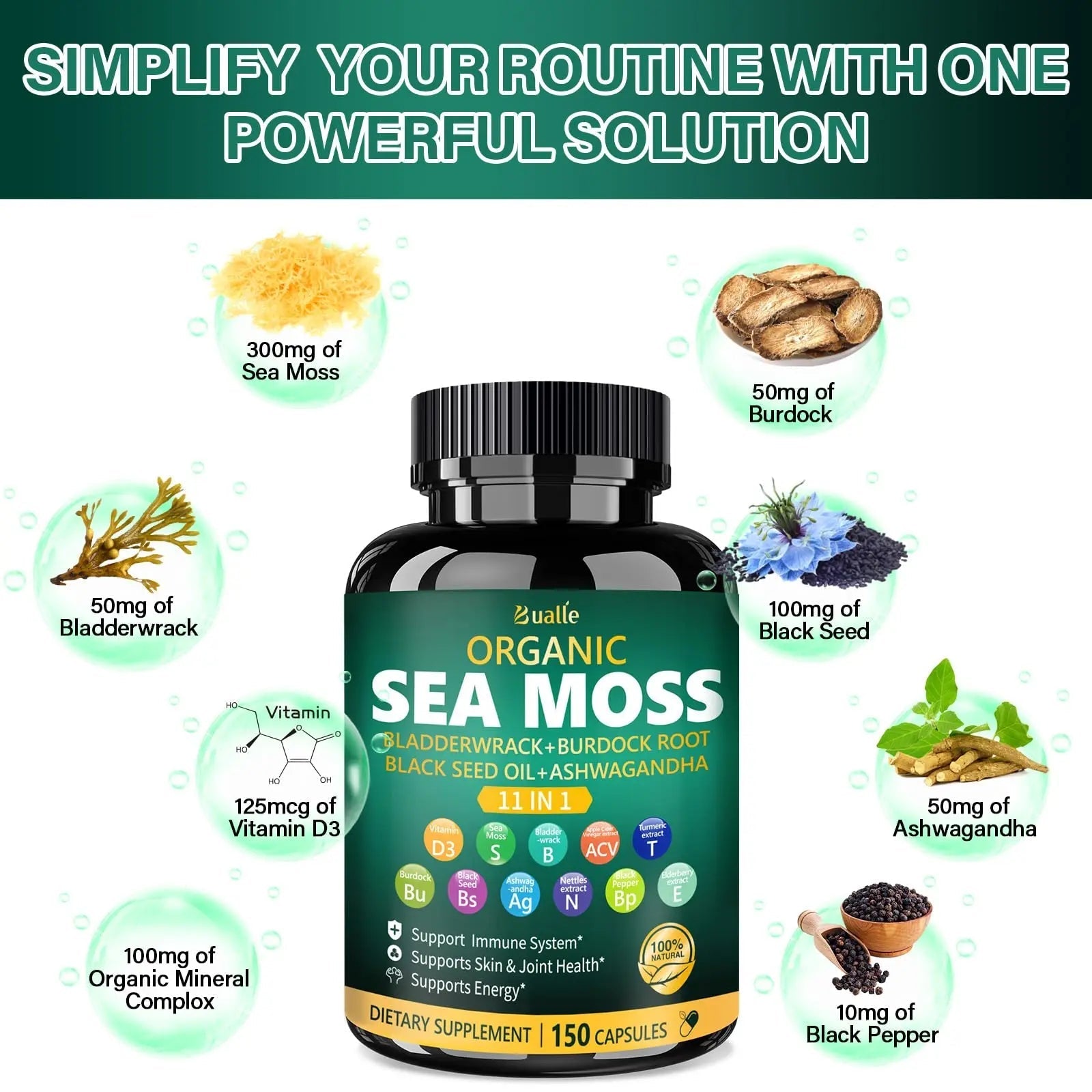 Bualle Irish Sea Moss Capsules – Organic Sea Moss, Black Seed Oil, Ashwagandha Supplements with Bladderwrack, Ginger & Burdock Root – Supports Daily Wellness, Skin & Energy – 150 Count (1 Pack) - TrustMedUSA