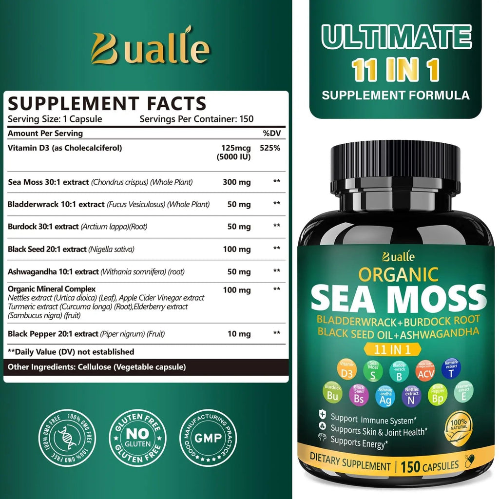 Bualle Irish Sea Moss Capsules – Organic Sea Moss, Black Seed Oil, Ashwagandha Supplements with Bladderwrack, Ginger & Burdock Root – Supports Daily Wellness, Skin & Energy – 150 Count (1 Pack) - TrustMedUSA