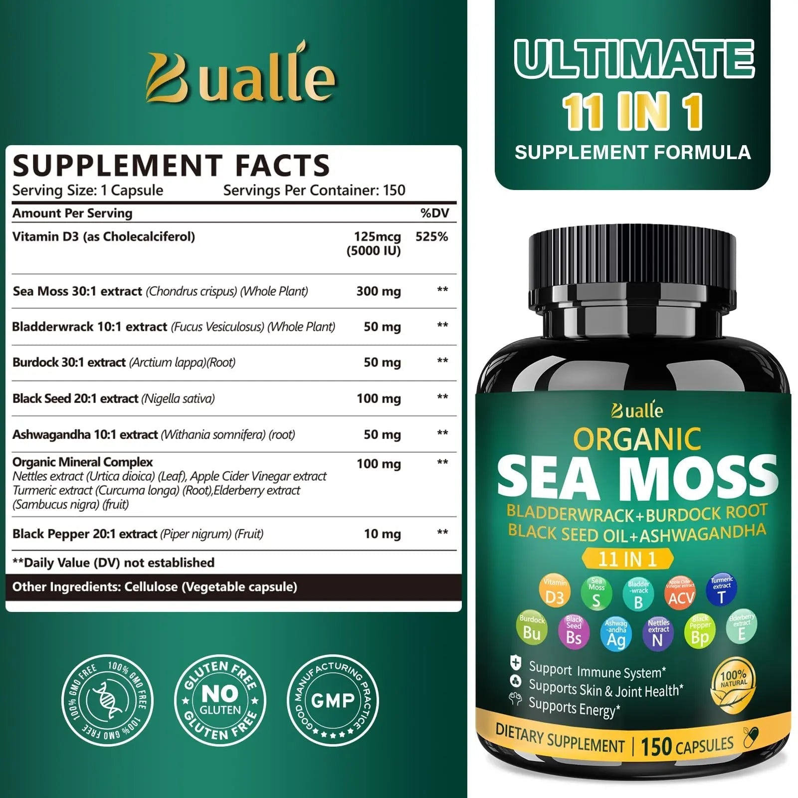 Bualle Irish Sea Moss Capsules – Organic Sea Moss, Black Seed Oil, Ashwagandha Supplements with Bladderwrack, Ginger & Burdock Root – Supports Daily Wellness, Skin & Energy – 150 Count (1 Pack) - TrustMedUSA