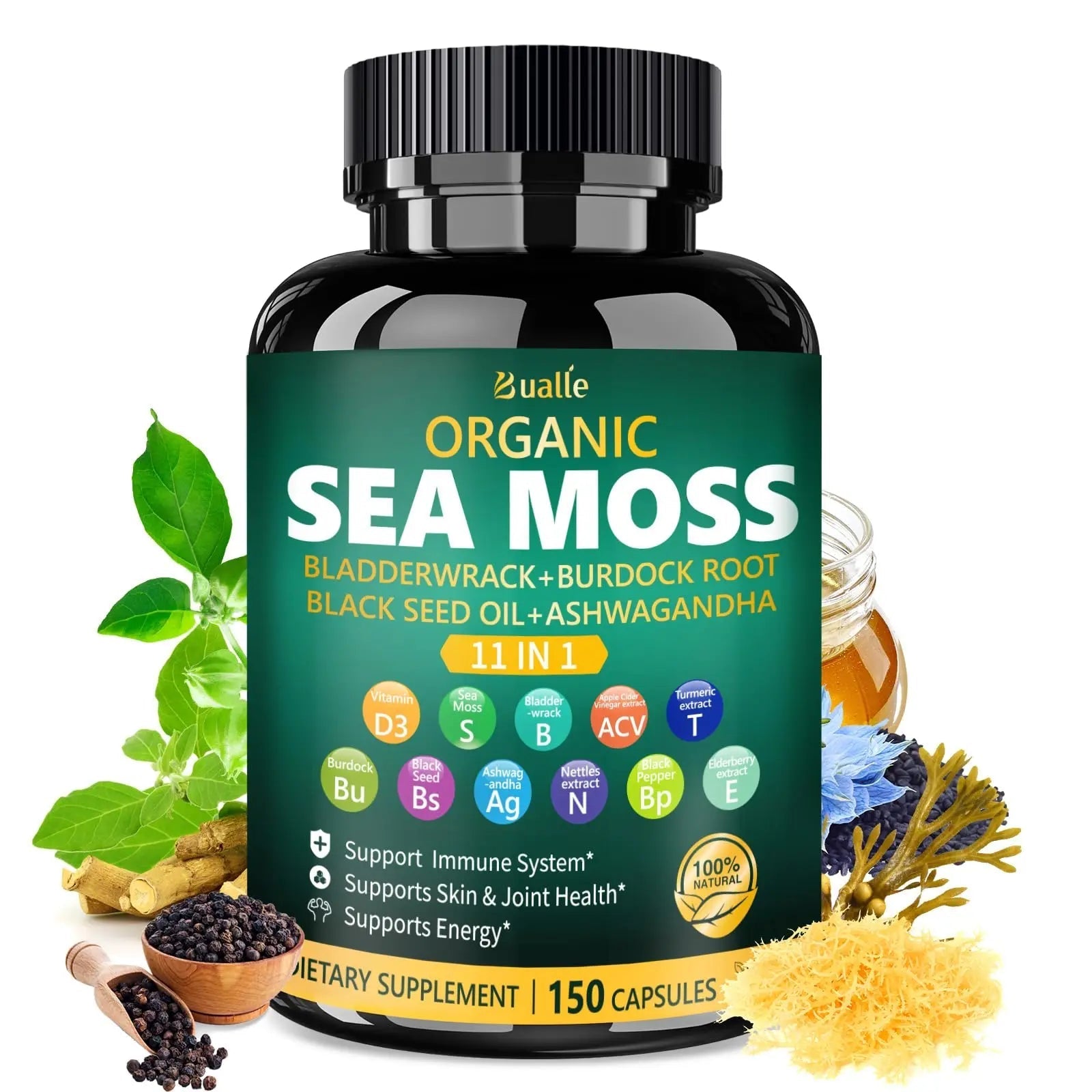 Bualle Irish Sea Moss Capsules – Organic Sea Moss, Black Seed Oil, Ashwagandha Supplements with Bladderwrack, Ginger & Burdock Root – Supports Daily Wellness, Skin & Energy – 150 Count (1 Pack) - TrustMedUSA