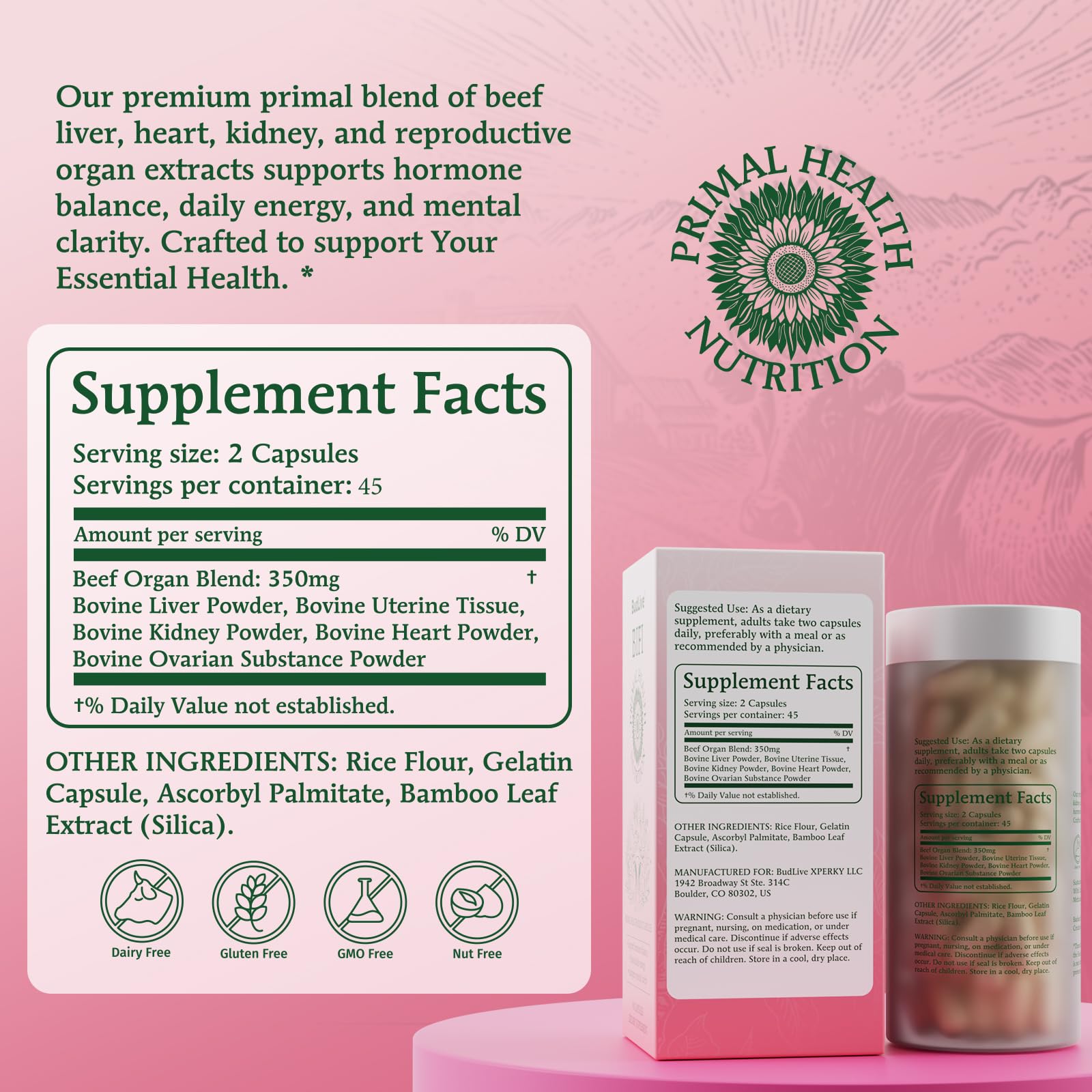 BudLive Beef Organ Supplement for Women – 100% Grass-Fed & Pasture Raised [Ovary, Liver, Spleen, Kidney & Heart] Primal Nutrition for Hormone Support, Energy & Wellness, 90 Capsules - TrustMedUSA