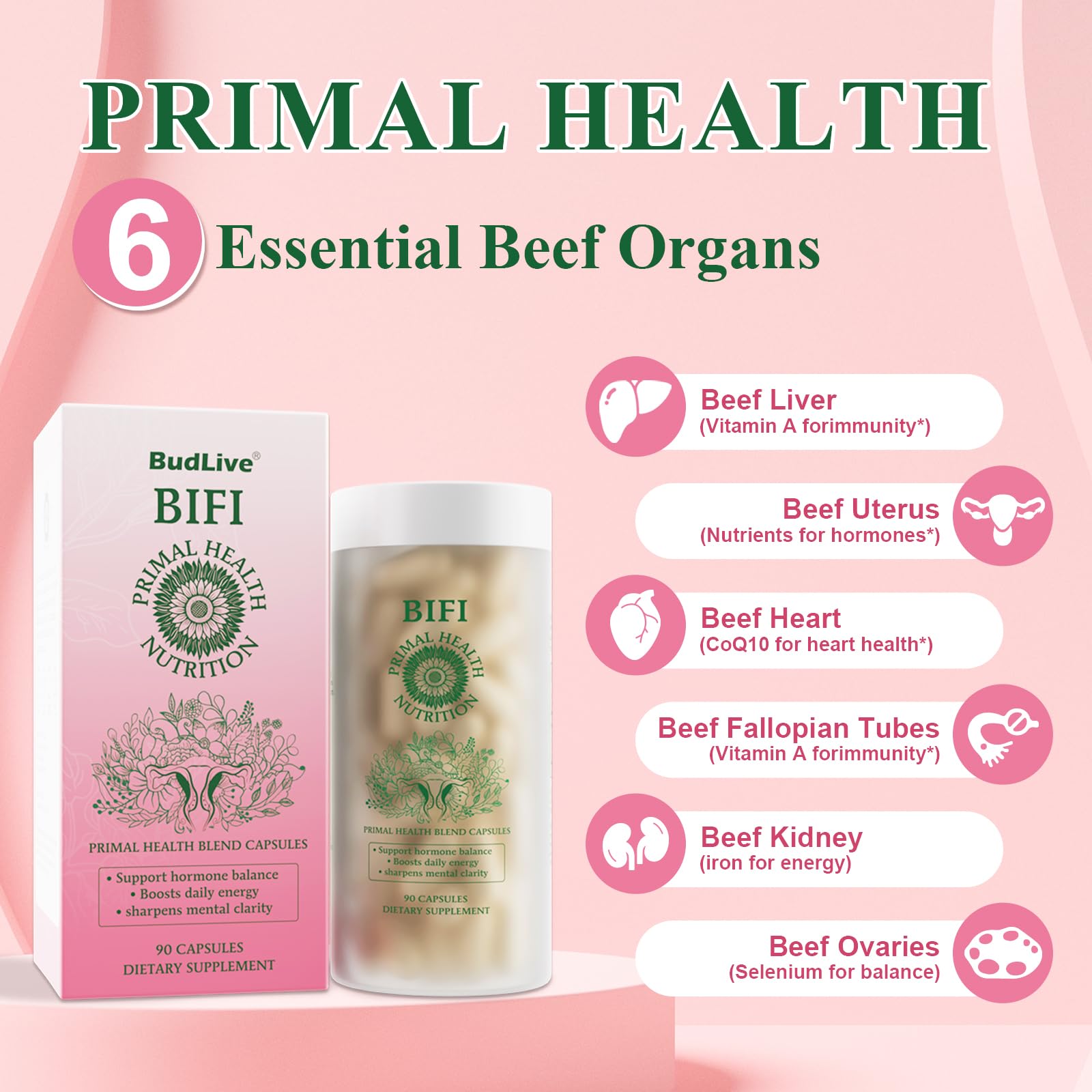 BudLive Beef Organ Supplement for Women – 100% Grass-Fed & Pasture Raised [Ovary, Liver, Spleen, Kidney & Heart] Primal Nutrition for Hormone Support, Energy & Wellness, 90 Capsules - TrustMedUSA