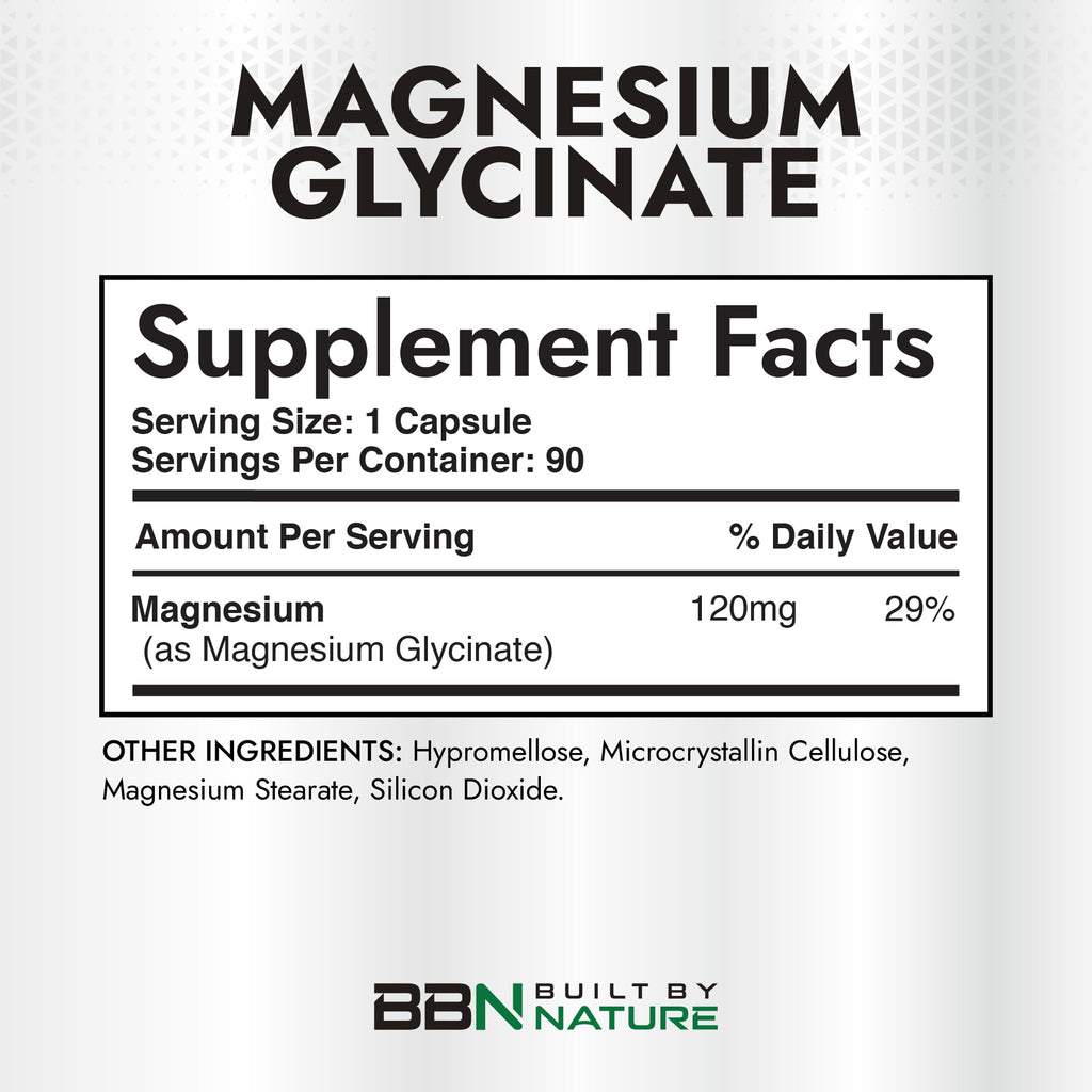 Built By Nature Magnesium Glycinate - Chelated for High Absorption – Supplement to Support Sleep, Muscle, Heart & Nerve Health - 120 mg Magnesium per Serving/Capsule - 90 Capsules - TrustMedUSA